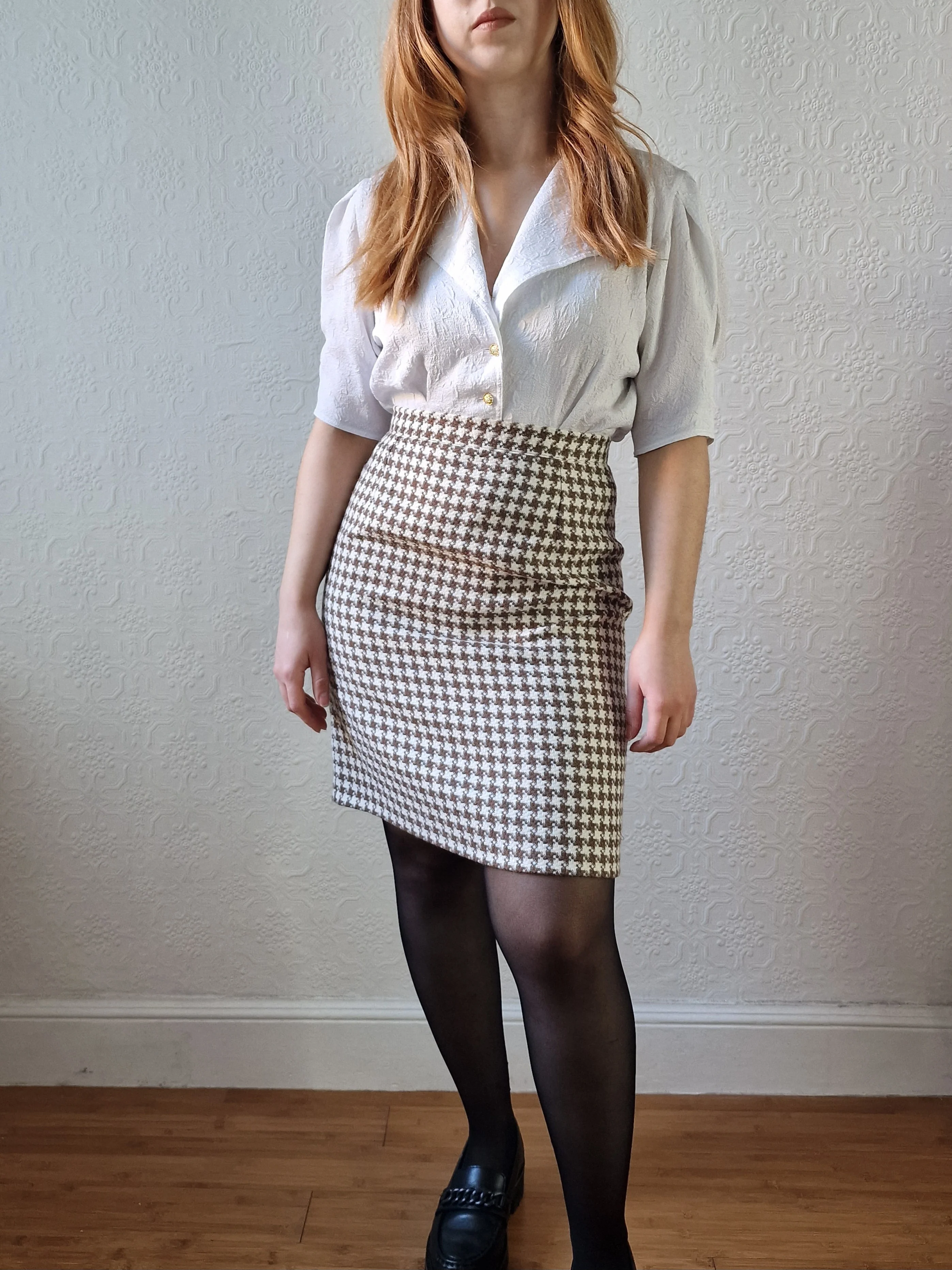 Vintage 90s High Waisted Cream & Brown Houndstooth Skirt - S - Image 10