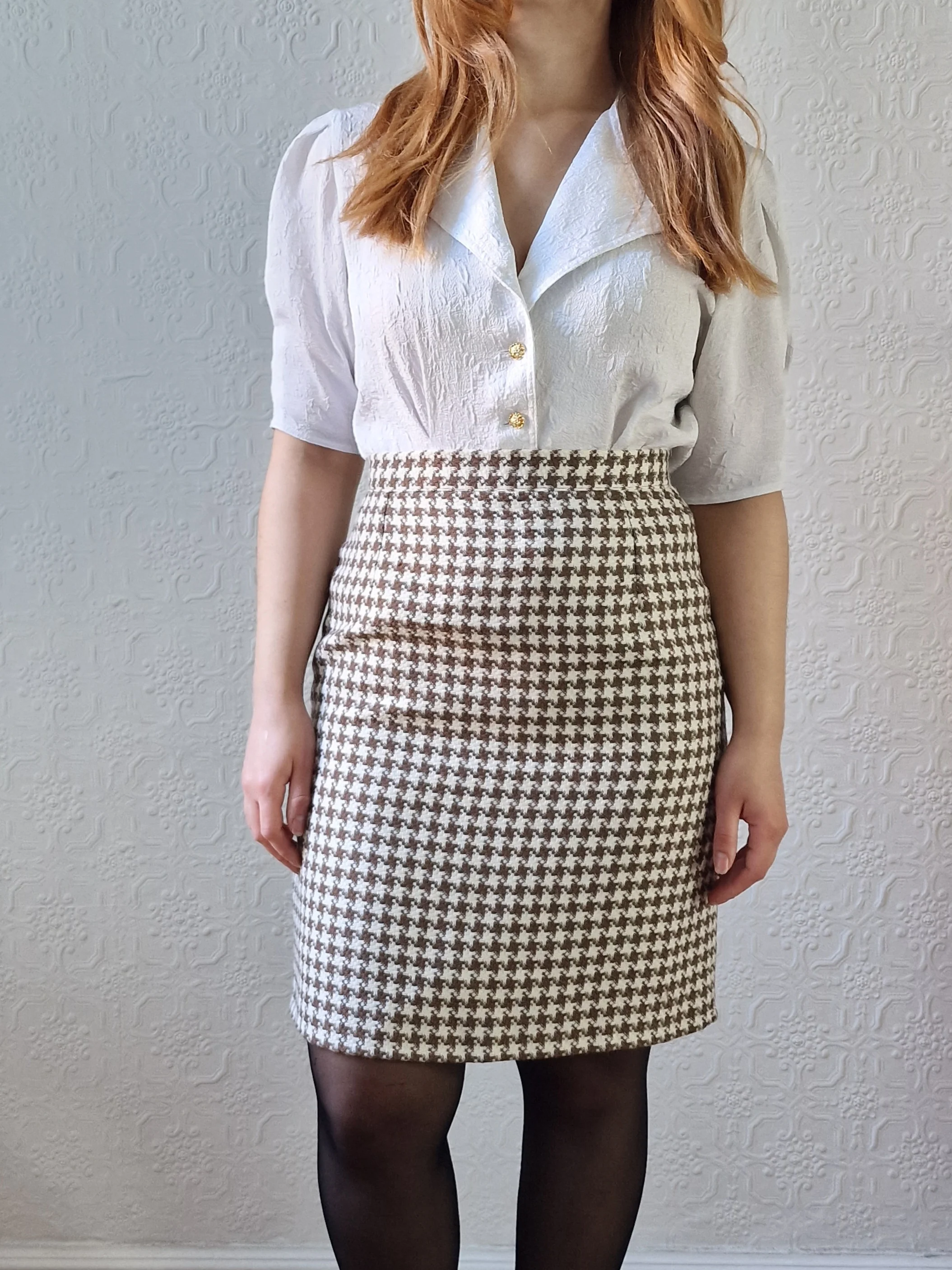 Vintage 90s High Waisted Cream & Brown Houndstooth Skirt - S - Image 2