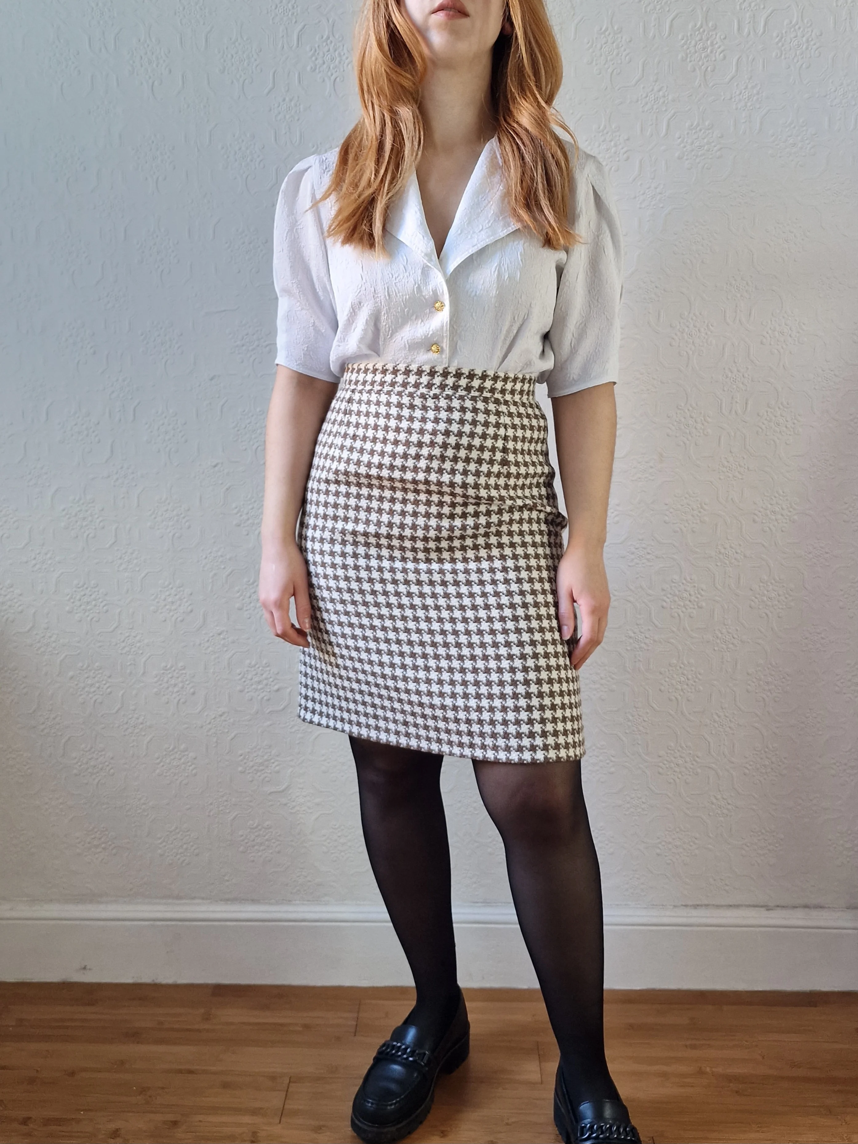 Vintage 90s High Waisted Cream & Brown Houndstooth Skirt - S - Image 3