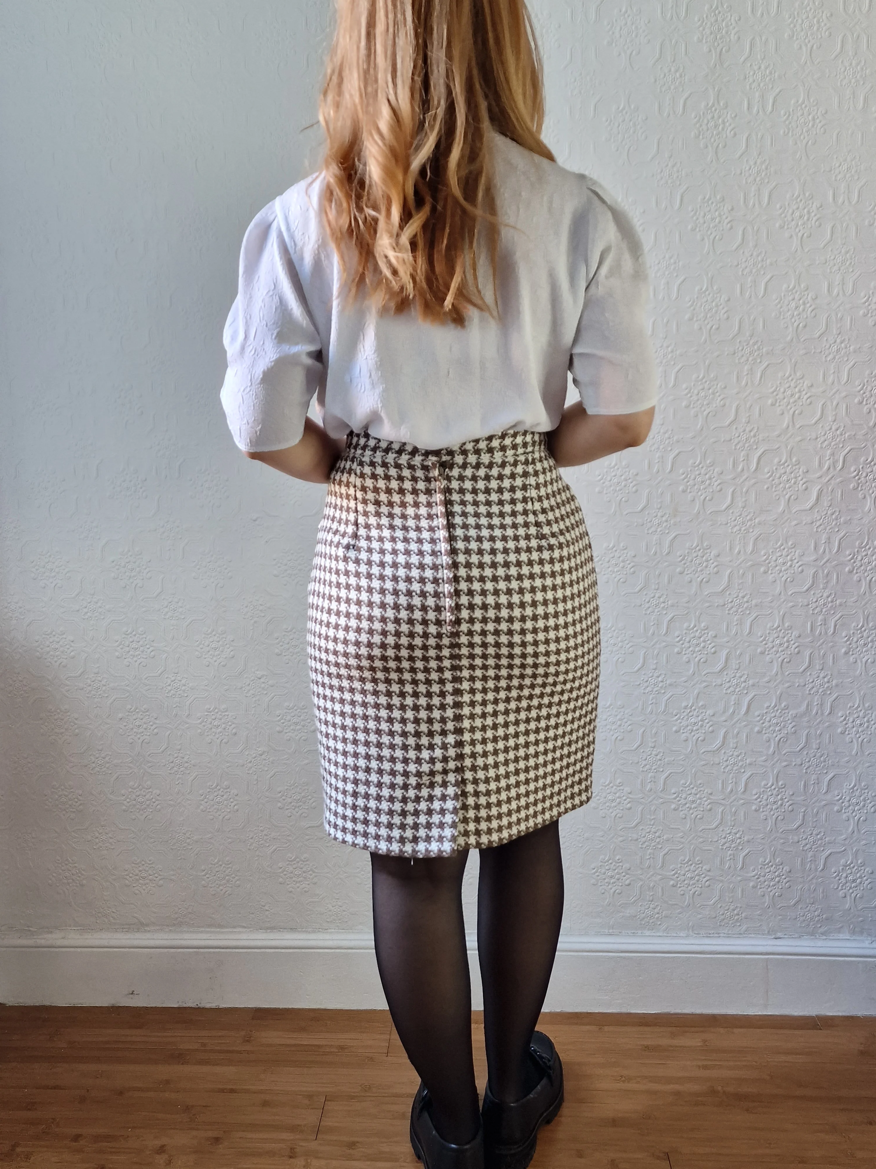 Vintage 90s High Waisted Cream & Brown Houndstooth Skirt - S - Image 4