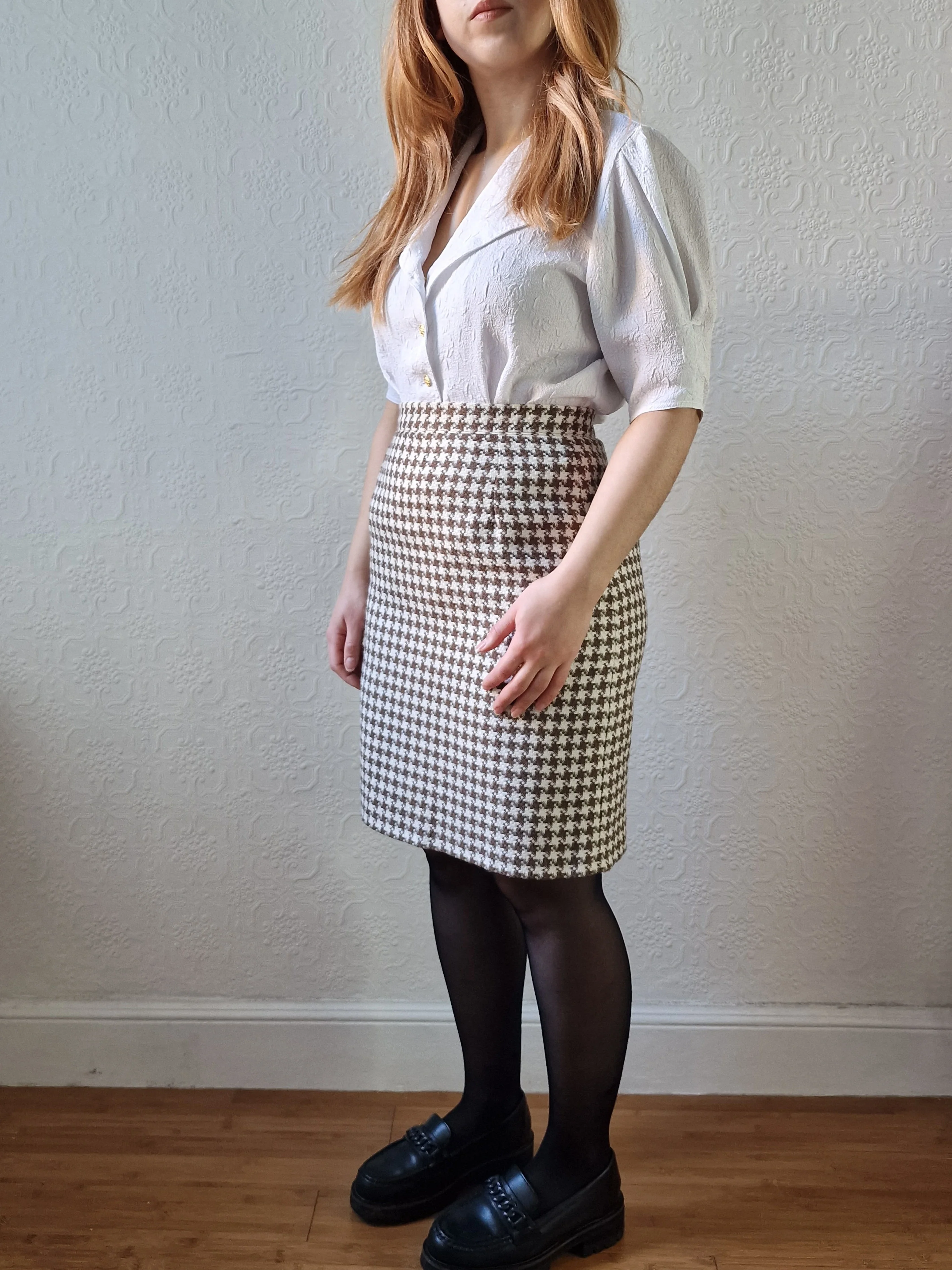 Vintage 90s High Waisted Cream & Brown Houndstooth Skirt - S - Image 5