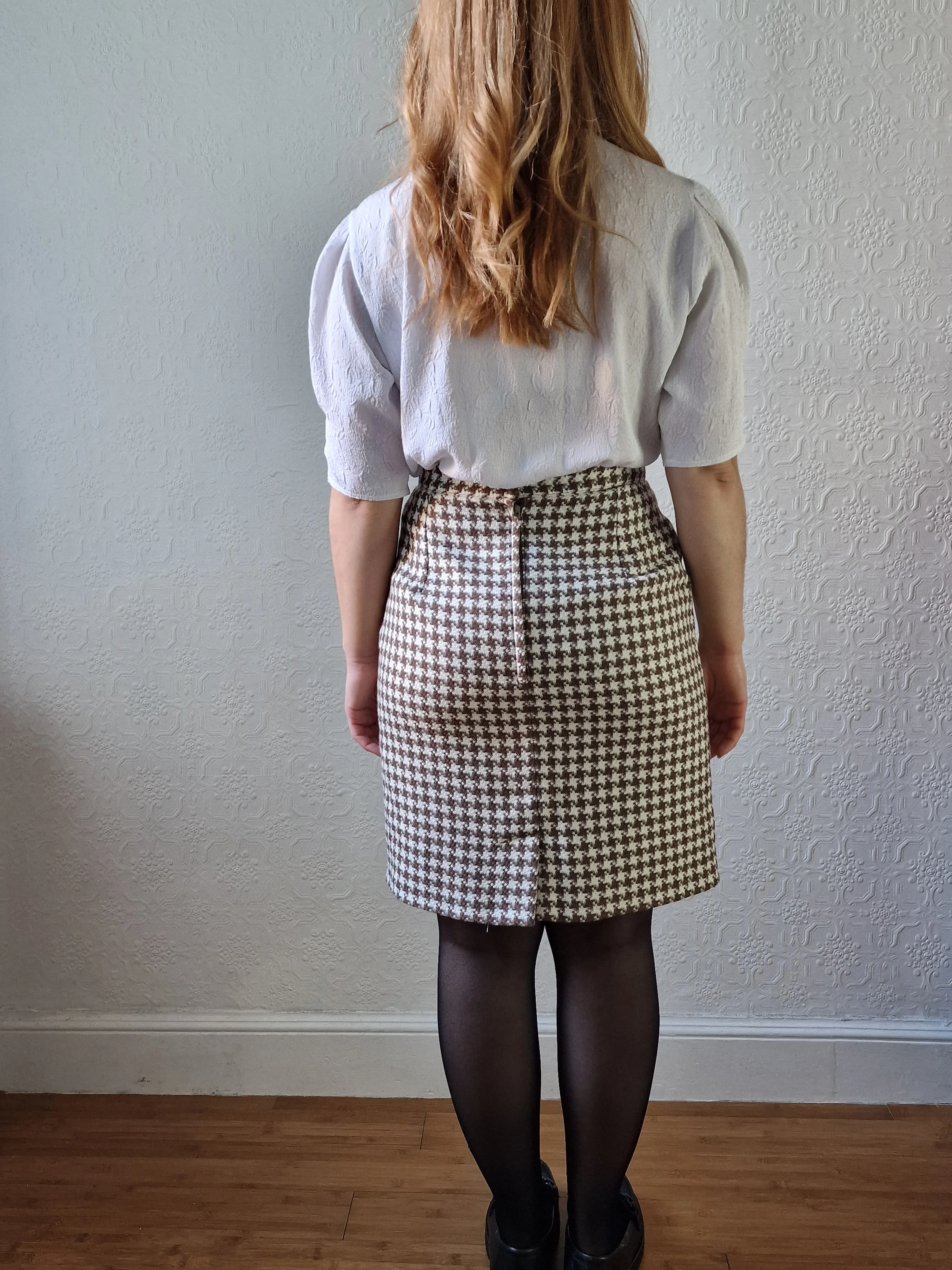Vintage 90s High Waisted Cream & Brown Houndstooth Skirt - S - Image 6