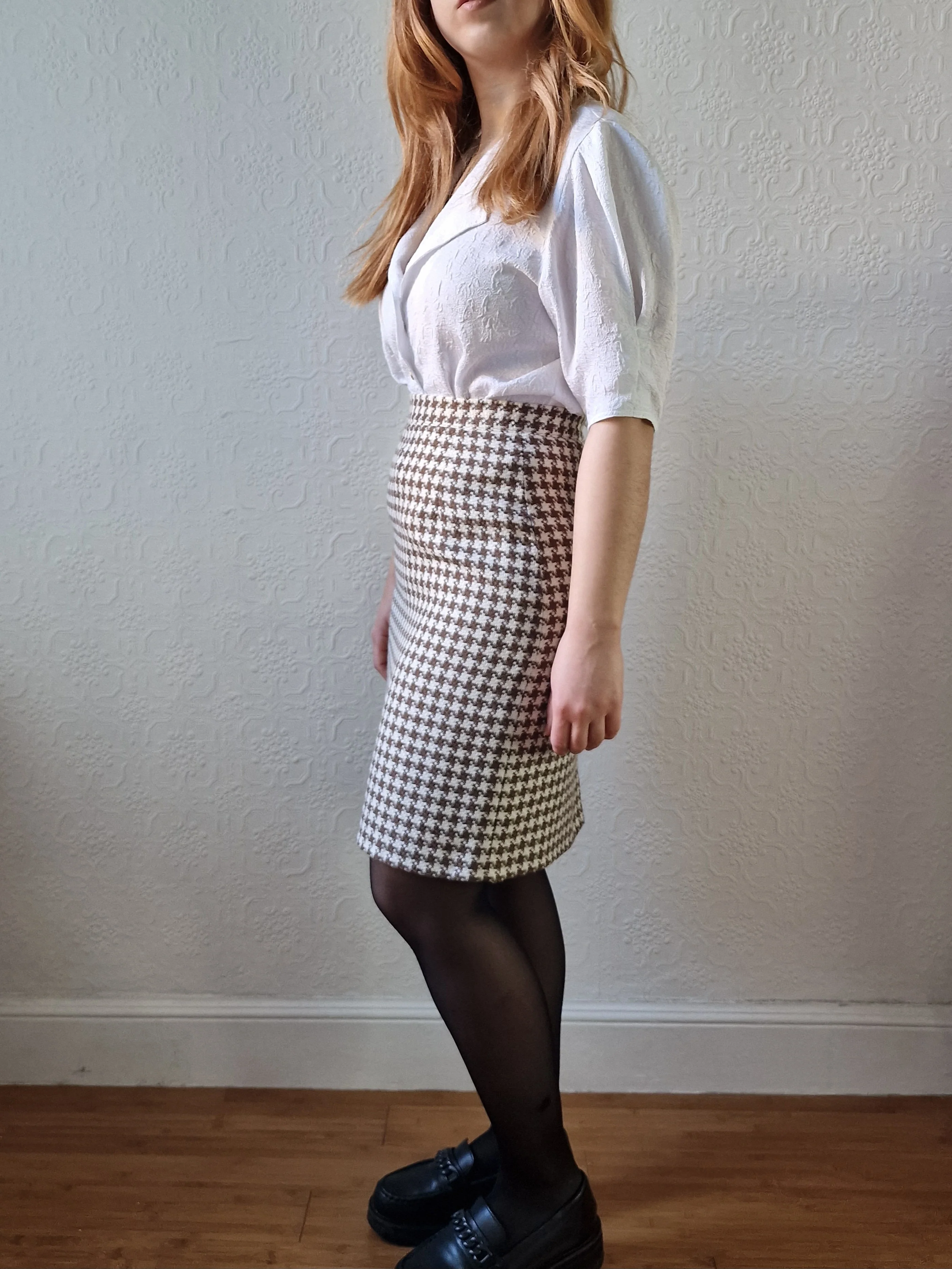 Vintage 90s High Waisted Cream & Brown Houndstooth Skirt - S - Image 7