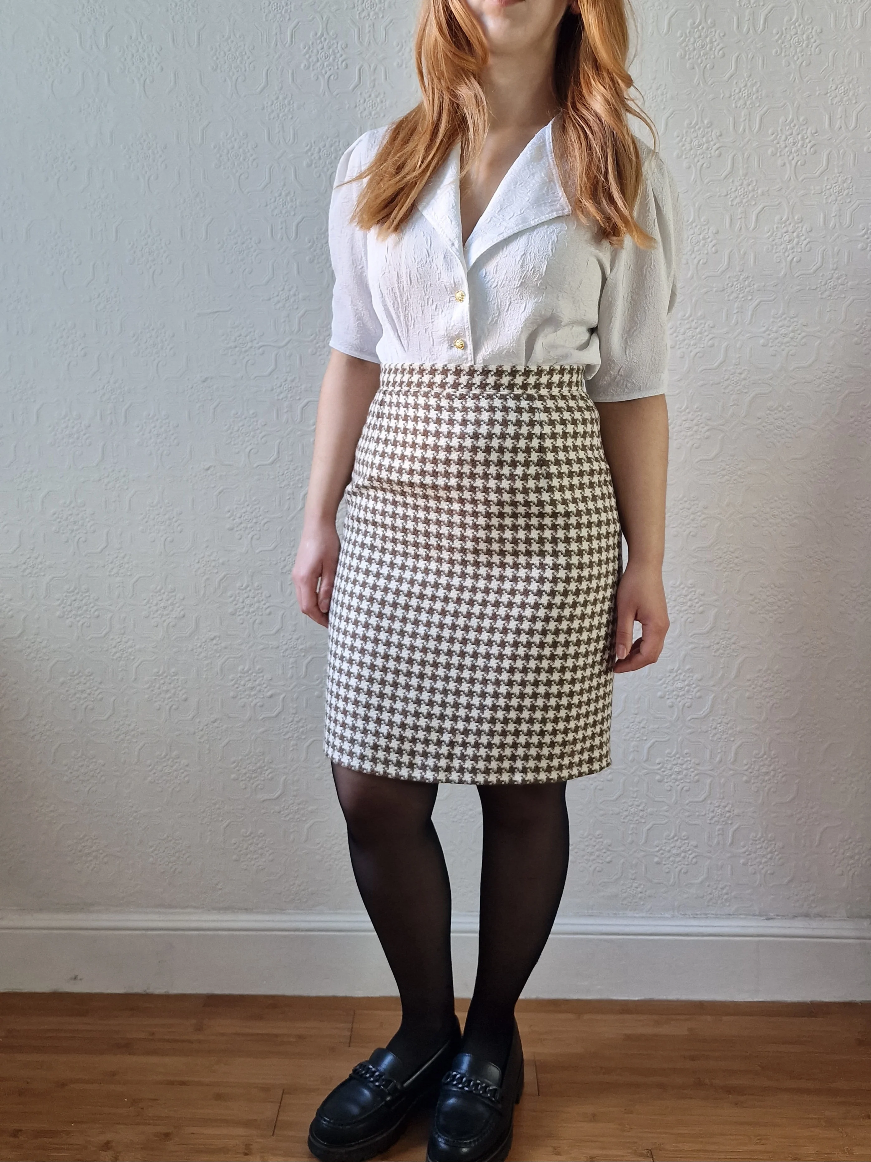 Vintage 90s High Waisted Cream & Brown Houndstooth Skirt - S - Image 8