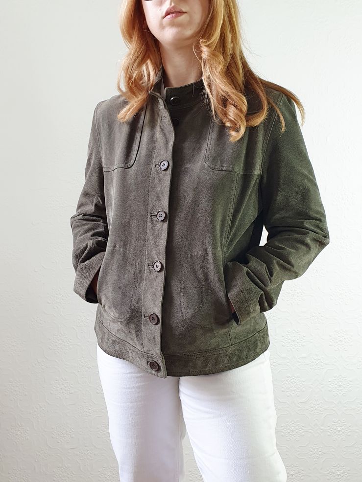Vintage 90s Khaki Genuine Suede Leather Jacket - S - Image 8