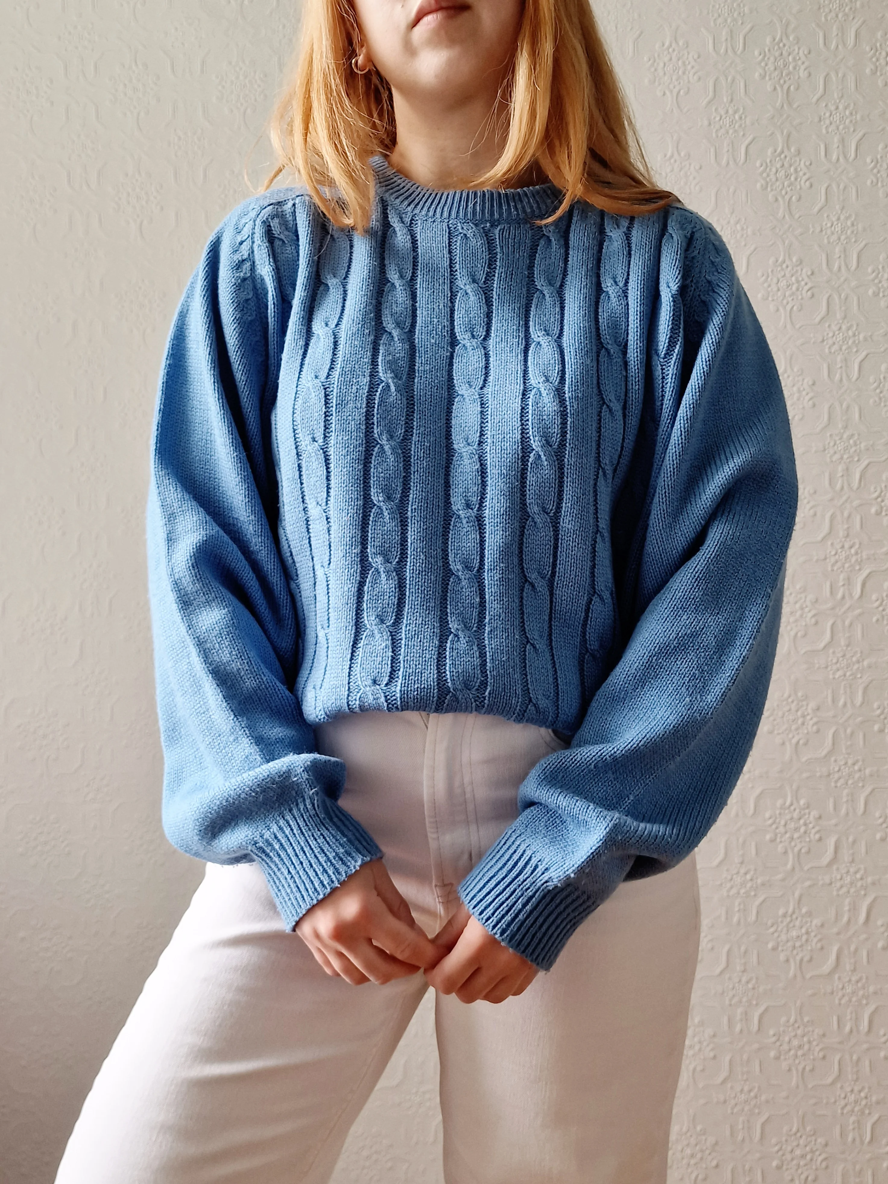 Vintage 90s Light Blue Aran Style Cable Knit Jumper with Crew Neck - L/XL - Image 2