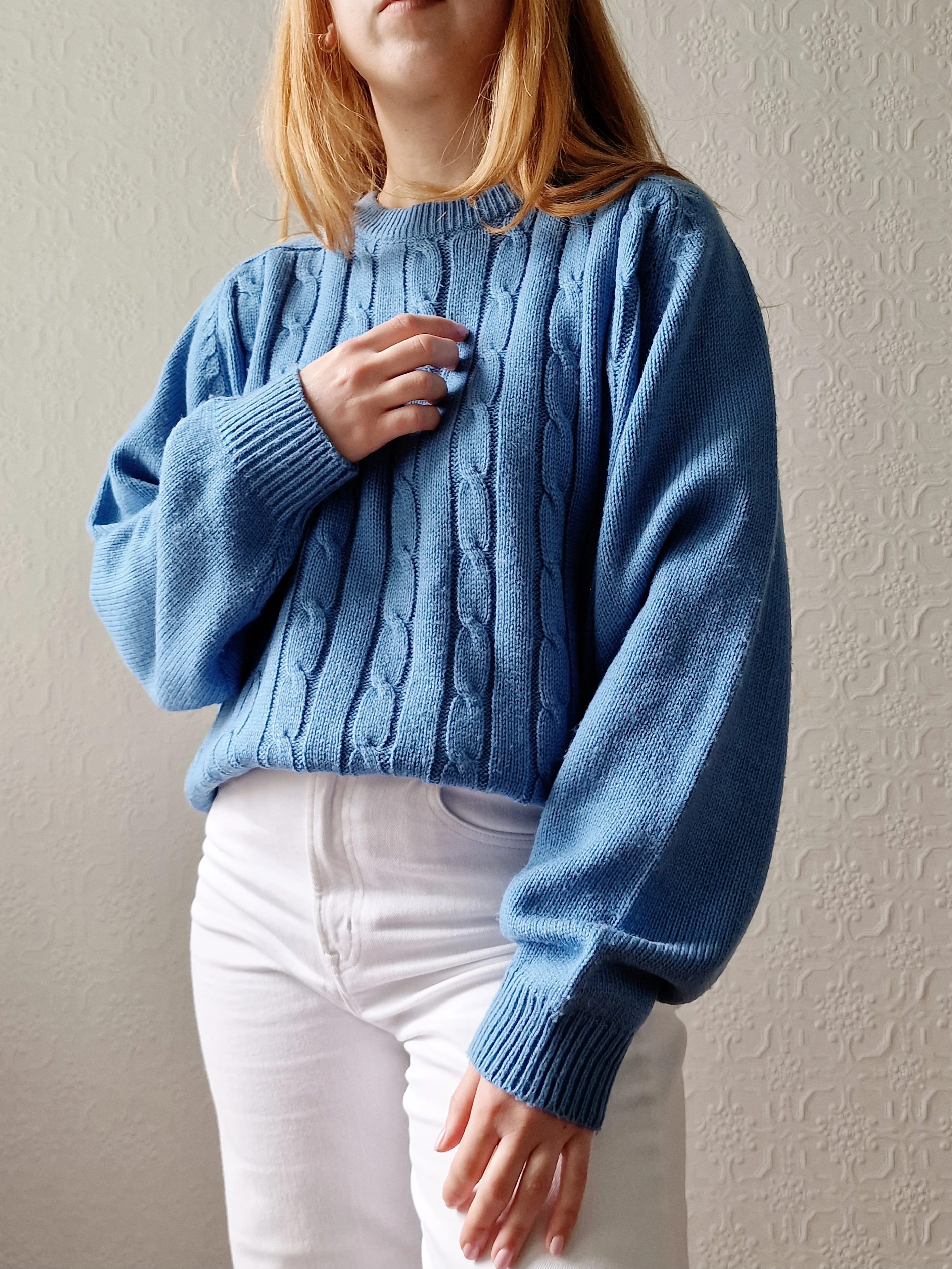 Vintage 90s Light Blue Aran Style Cable Knit Jumper with Crew Neck - L/XL - Image 3