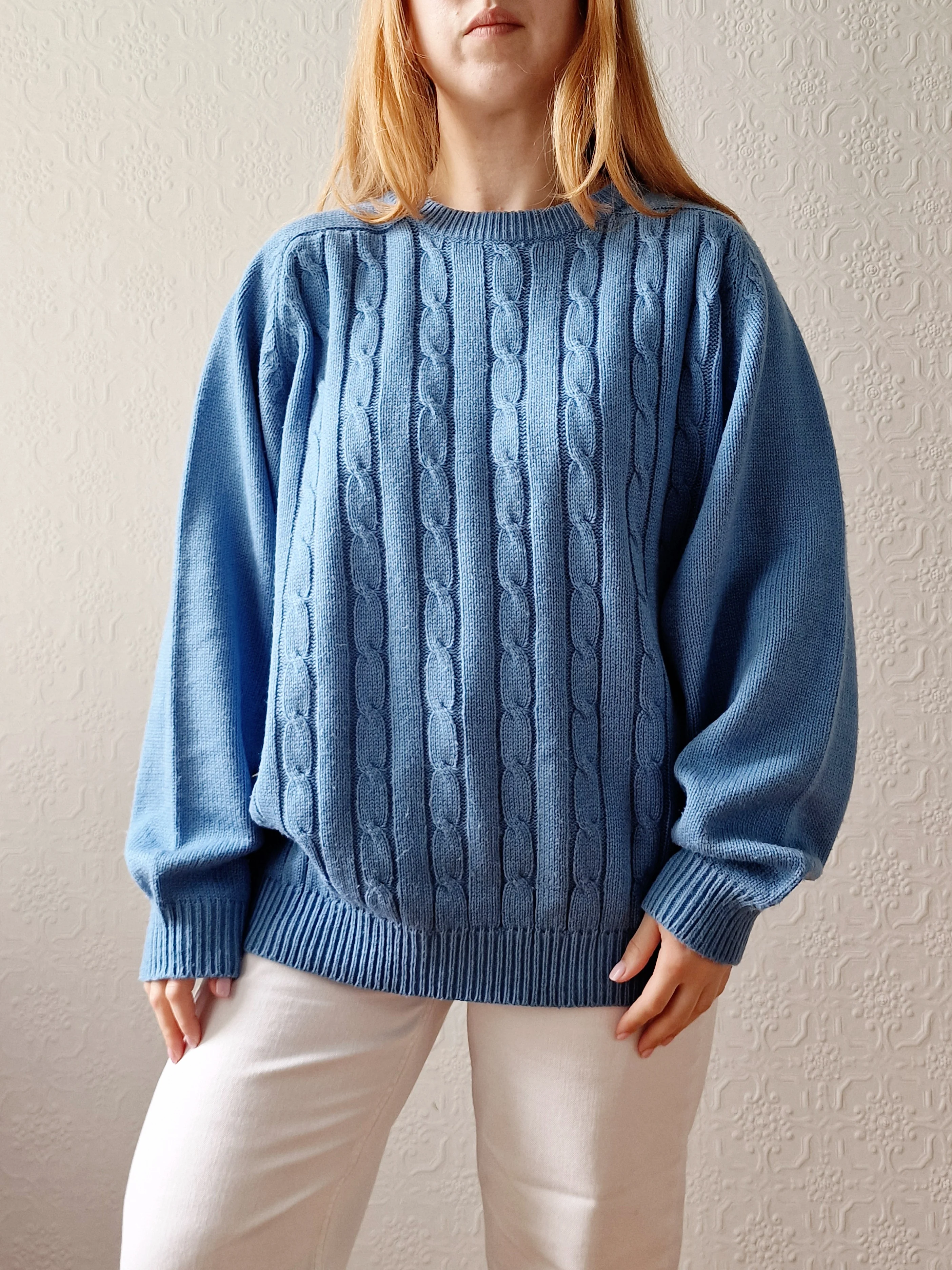 Vintage 90s Light Blue Aran Style Cable Knit Jumper with Crew Neck - L/XL - Image 4