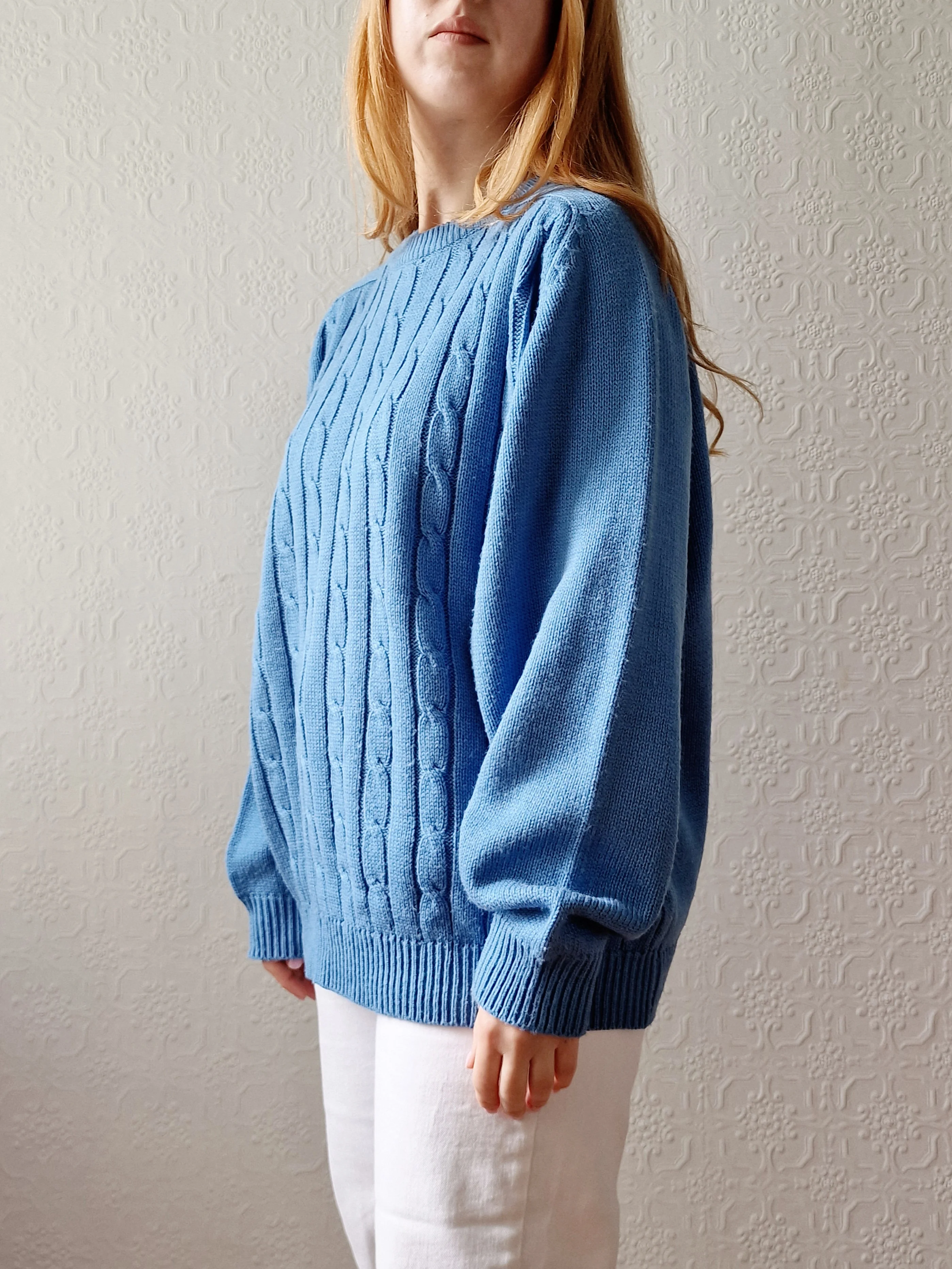 Vintage 90s Light Blue Aran Style Cable Knit Jumper with Crew Neck - L/XL - Image 5