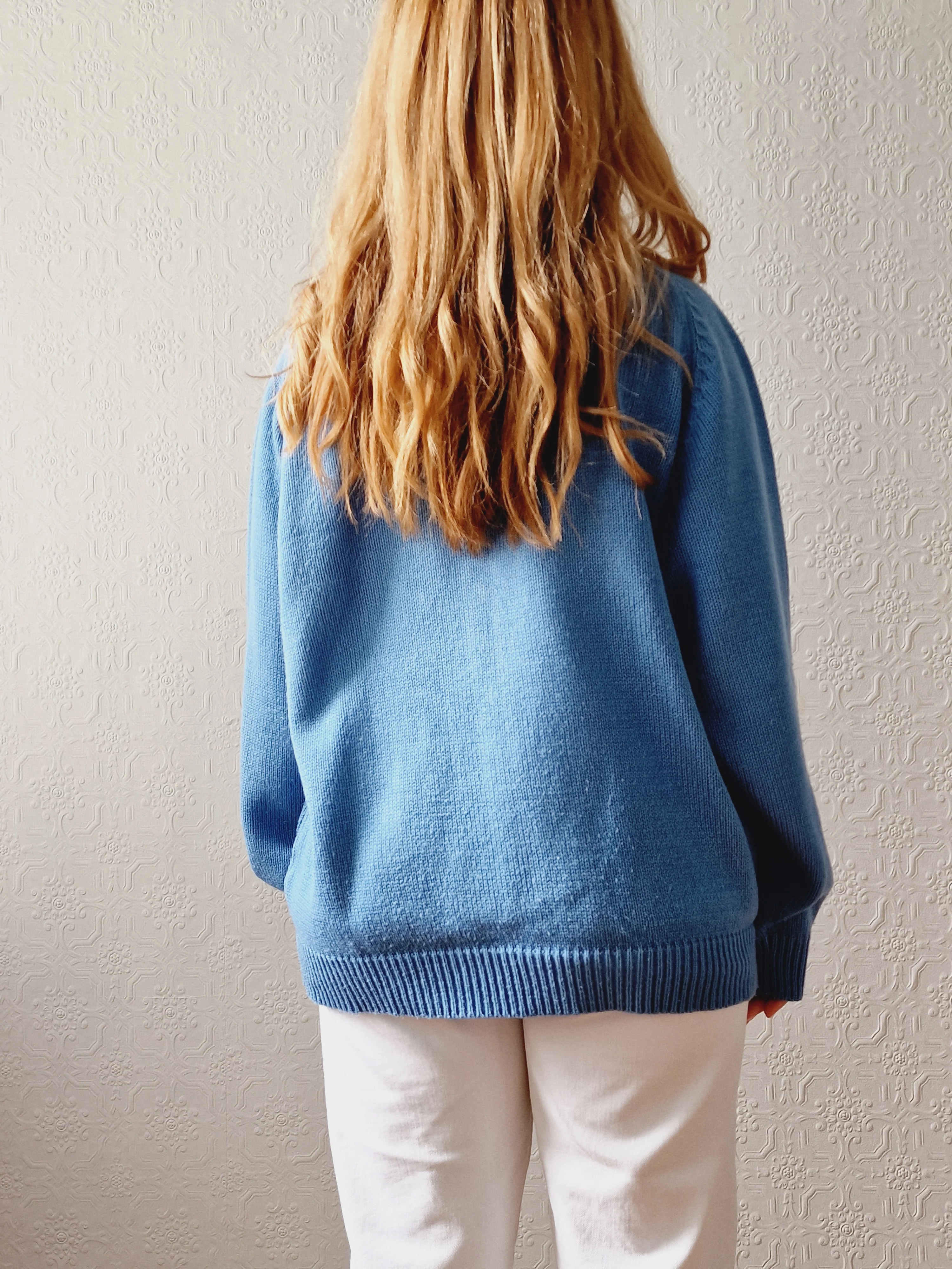 Vintage 90s Light Blue Aran Style Cable Knit Jumper with Crew Neck - L/XL - Image 6