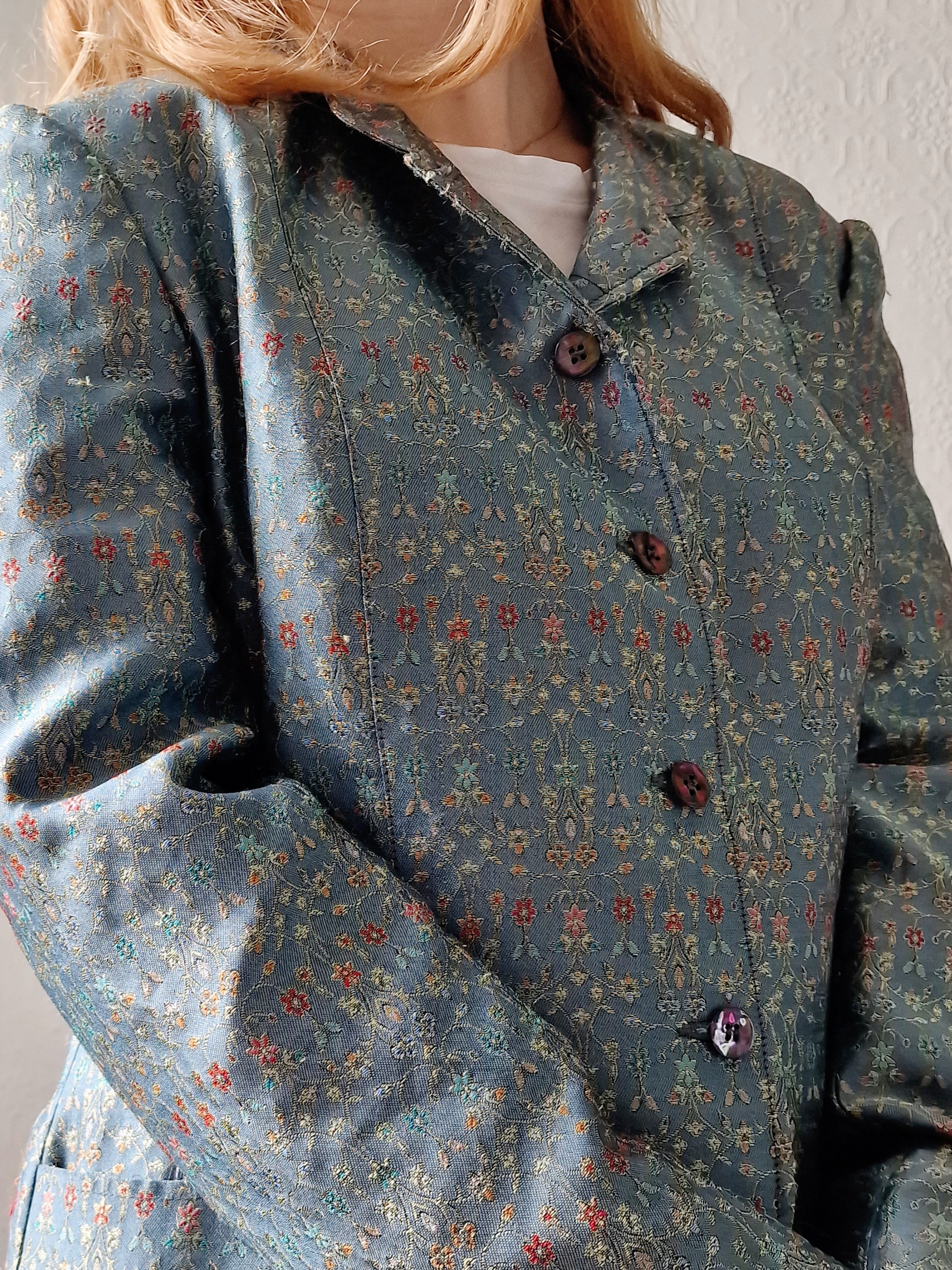 Vintage 90s Light Green Teal Jacquard Floral Blazer - M - Image 2