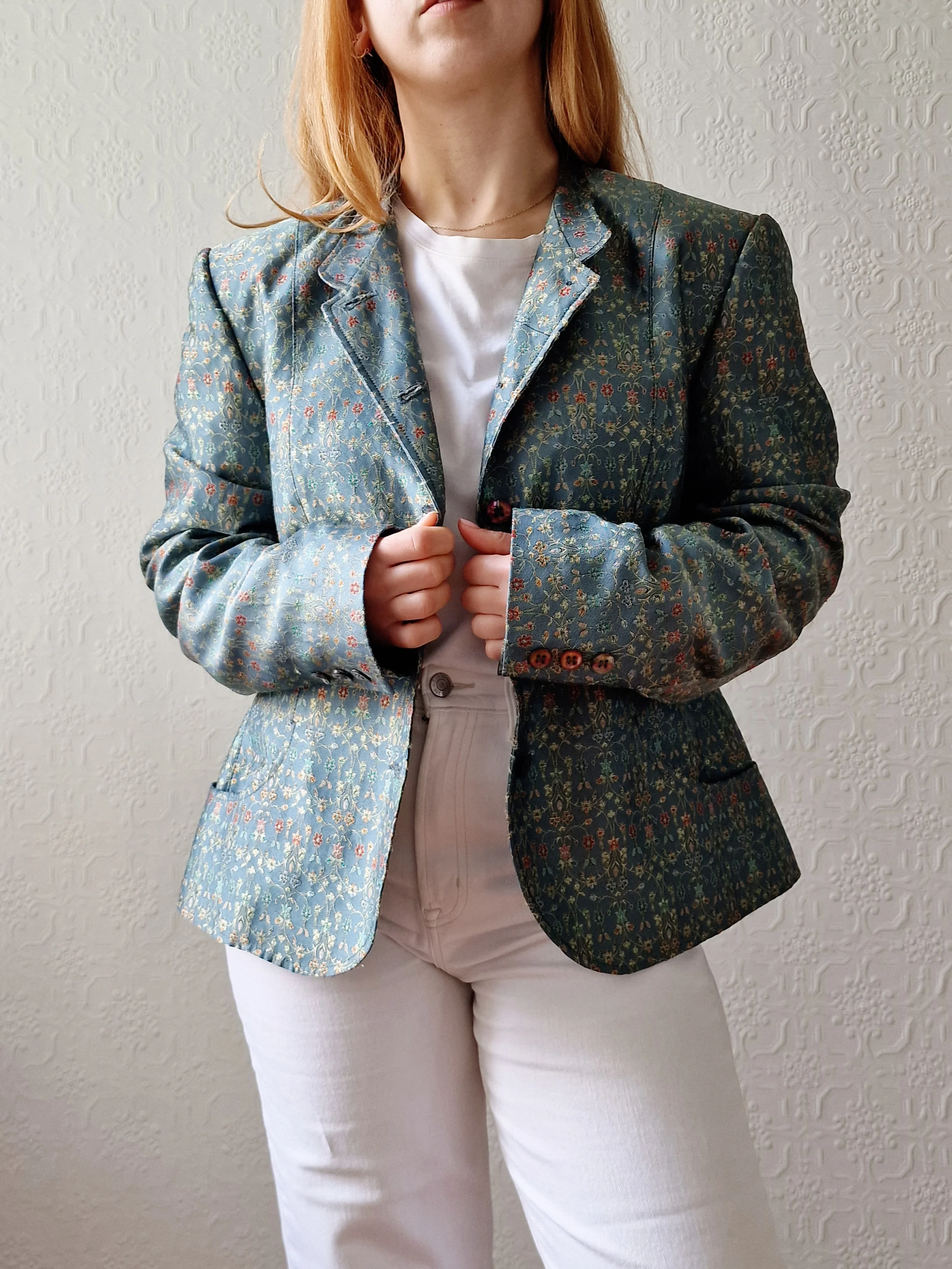 Vintage 90s Light Green Teal Jacquard Floral Blazer - M - Image 3