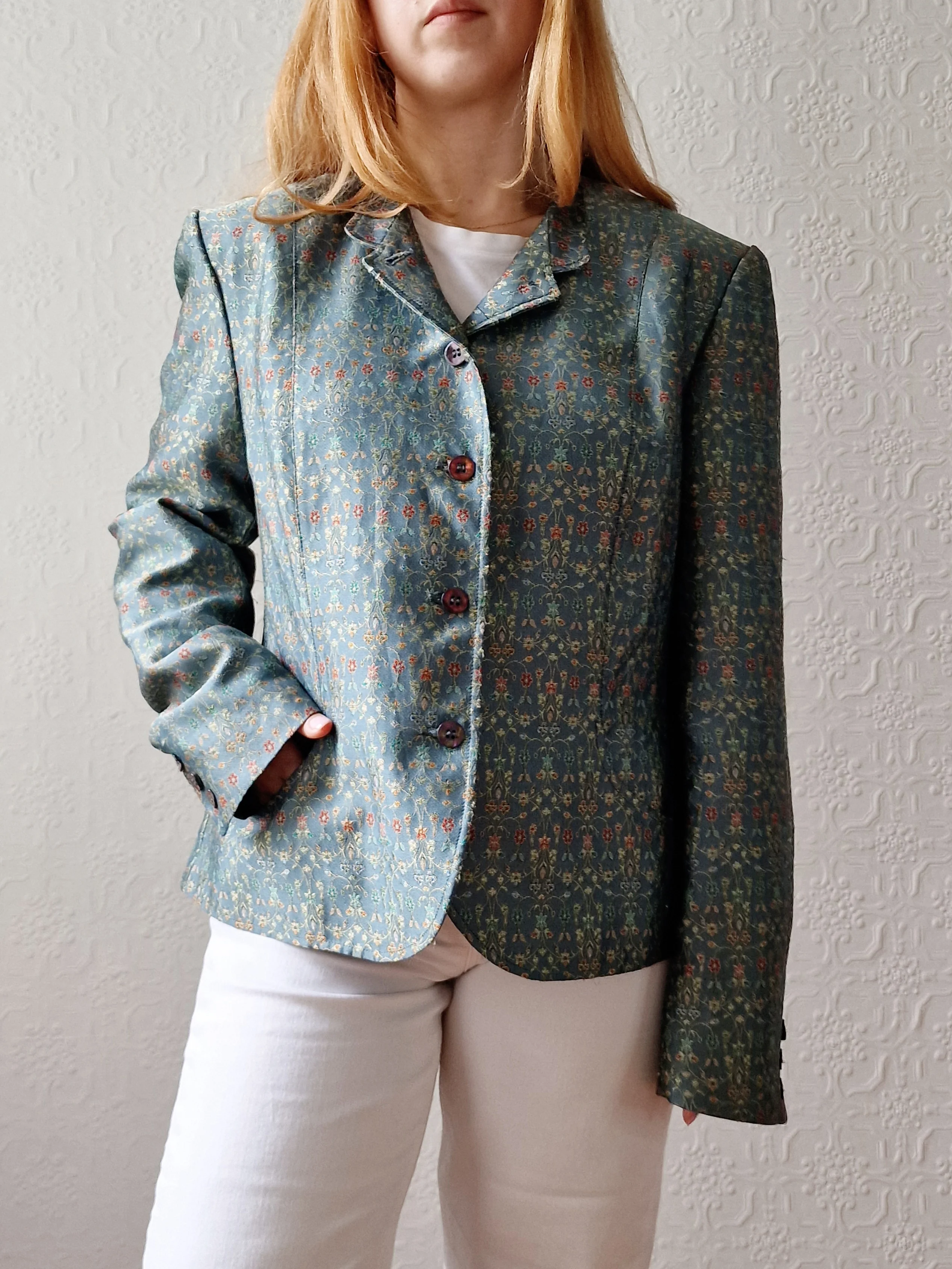 Vintage 90s Light Green Teal Jacquard Floral Blazer - M - Image 4