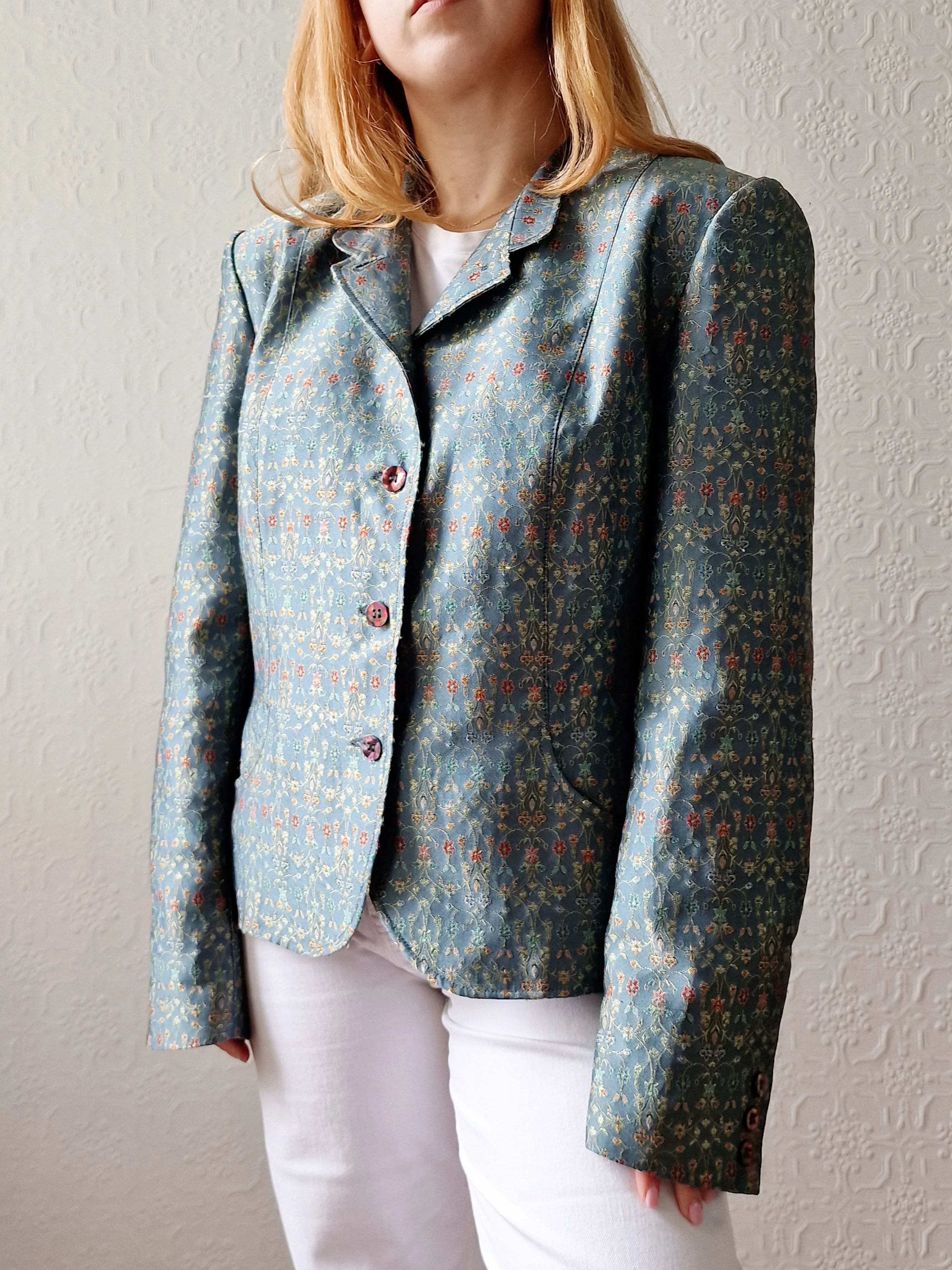 Vintage 90s Light Green Teal Jacquard Floral Blazer - M - Image 5