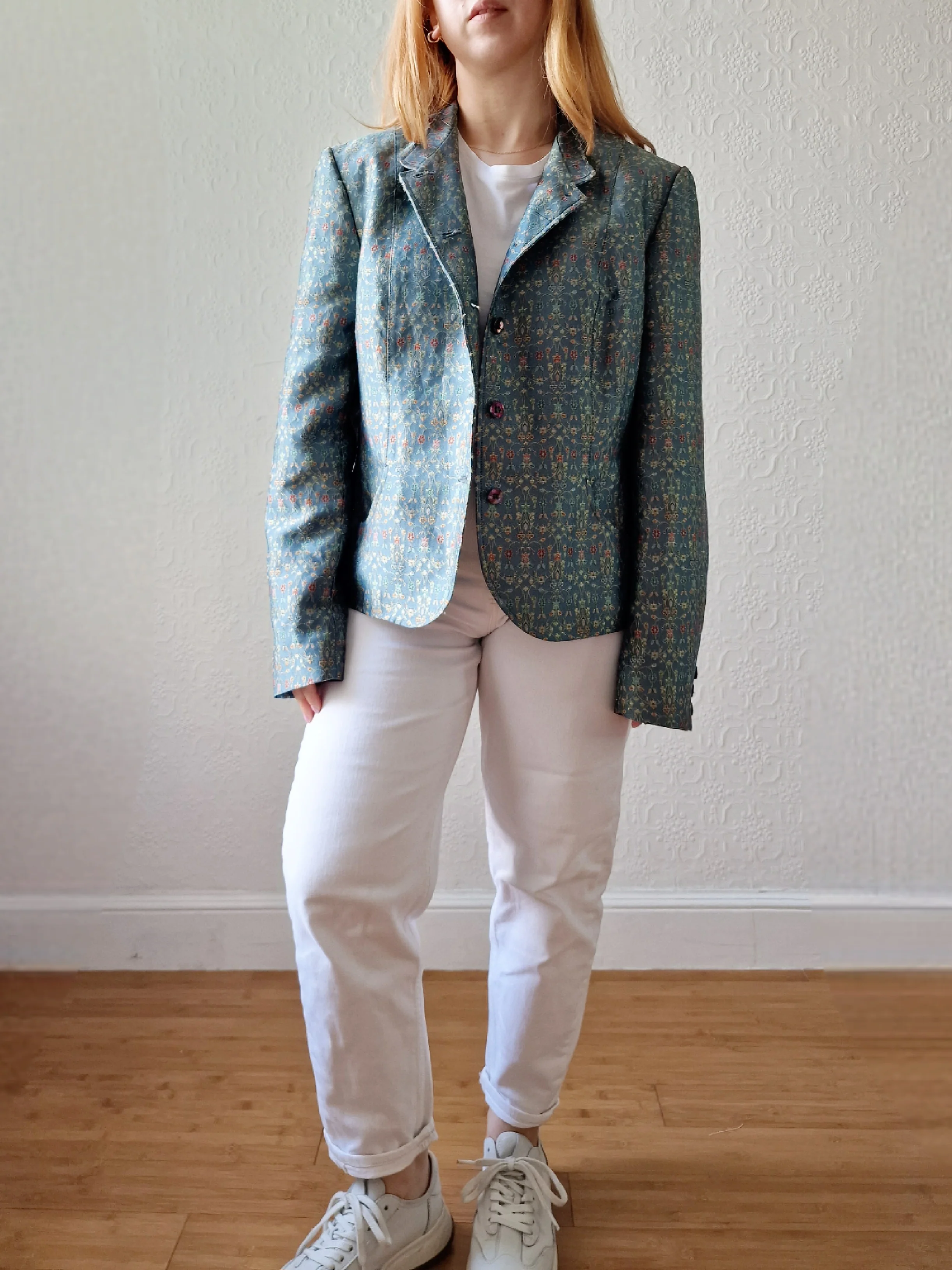 Vintage 90s Light Green Teal Jacquard Floral Blazer - M - Image 6