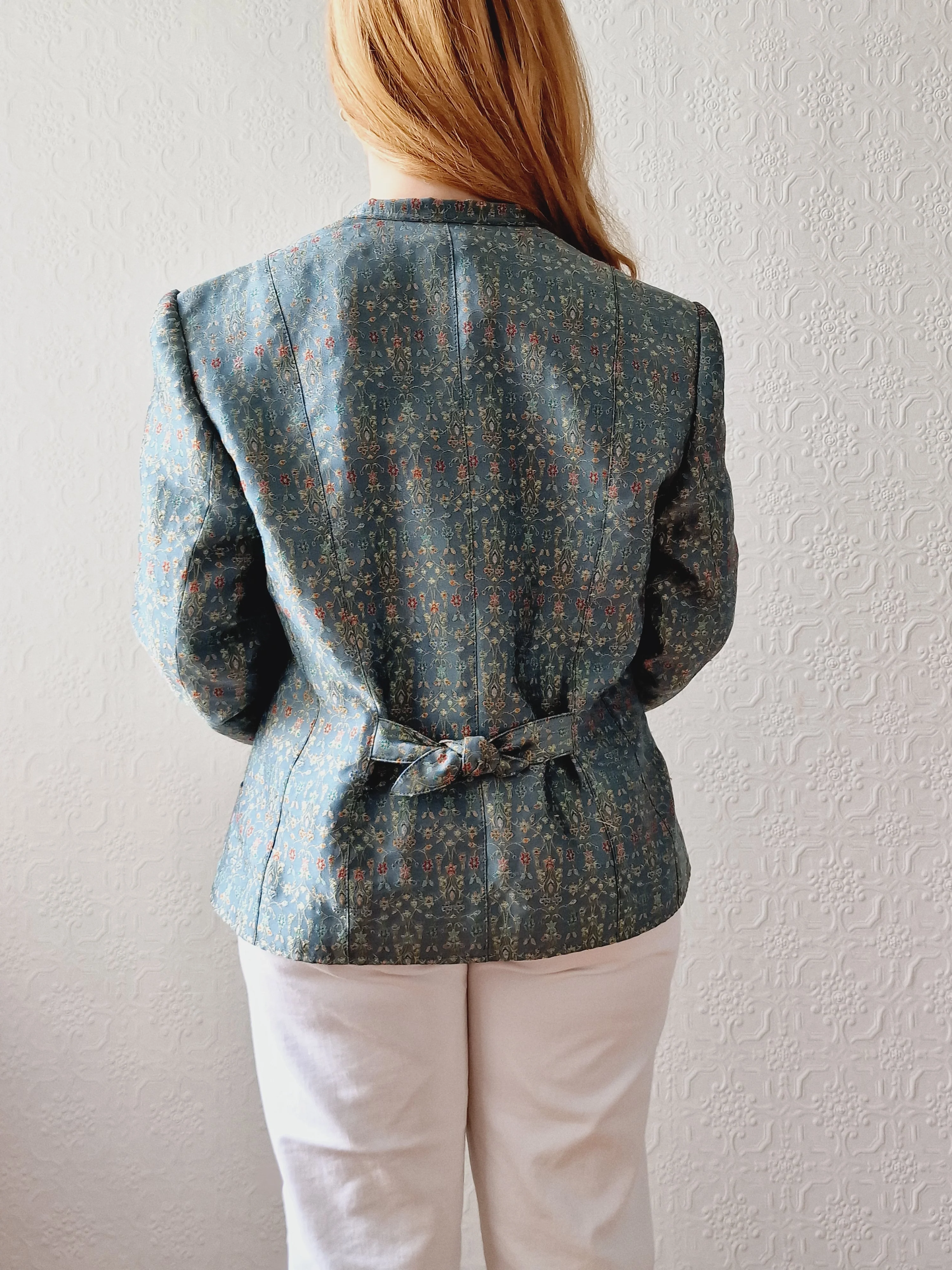 Vintage 90s Light Green Teal Jacquard Floral Blazer - M - Image 7