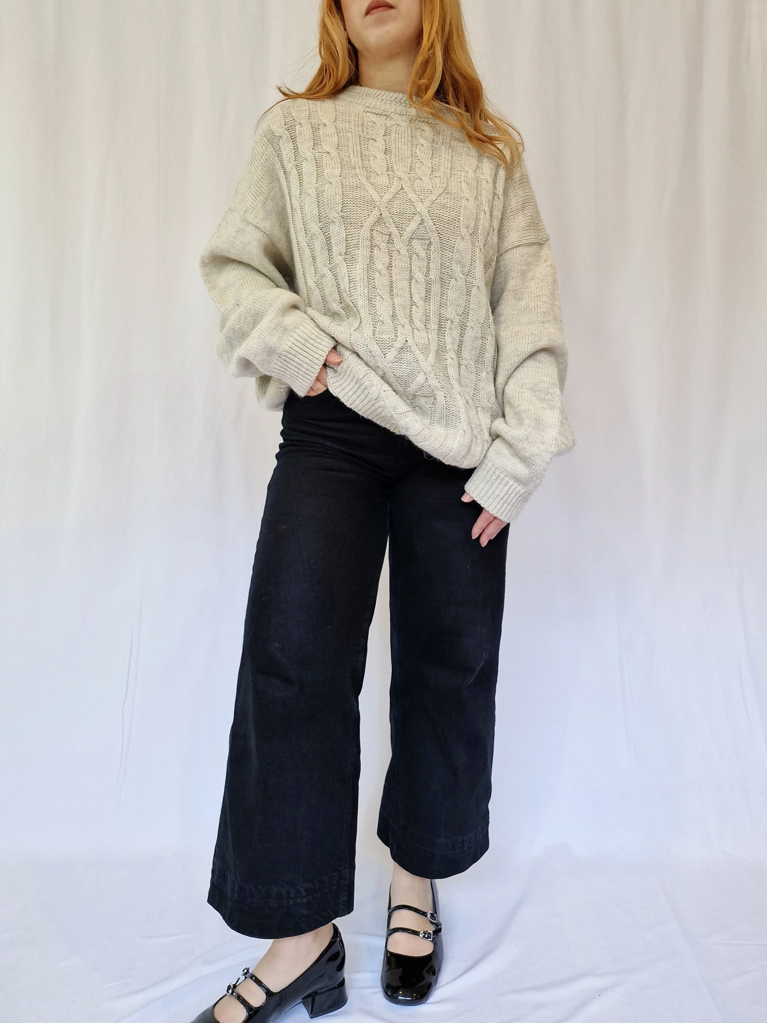 Vintage 90s Light Grey Aran Style Cable Knit Jumper with Crew Neck - XL - Image 2