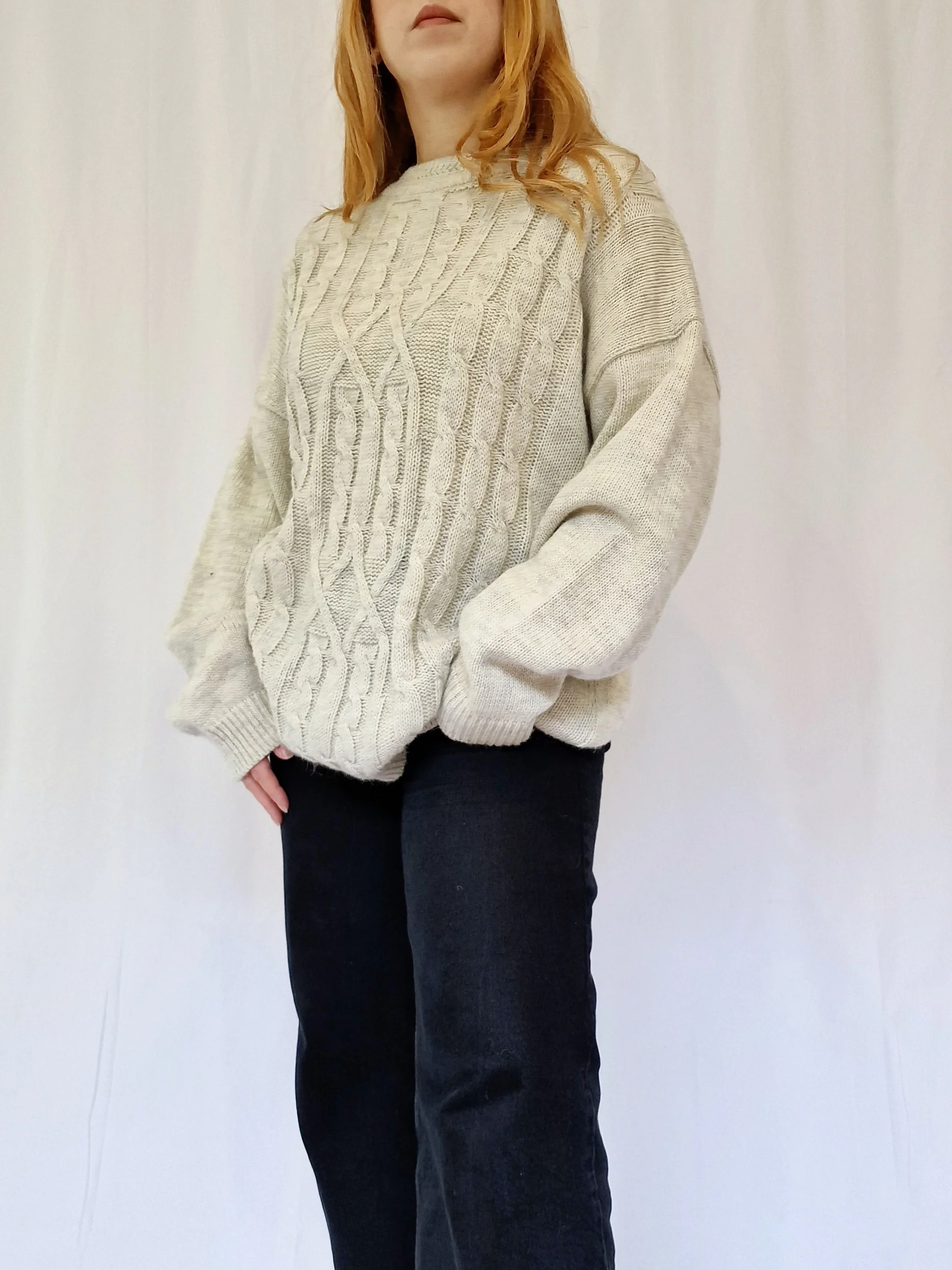 Vintage 90s Light Grey Aran Style Cable Knit Jumper with Crew Neck - XL - Image 5