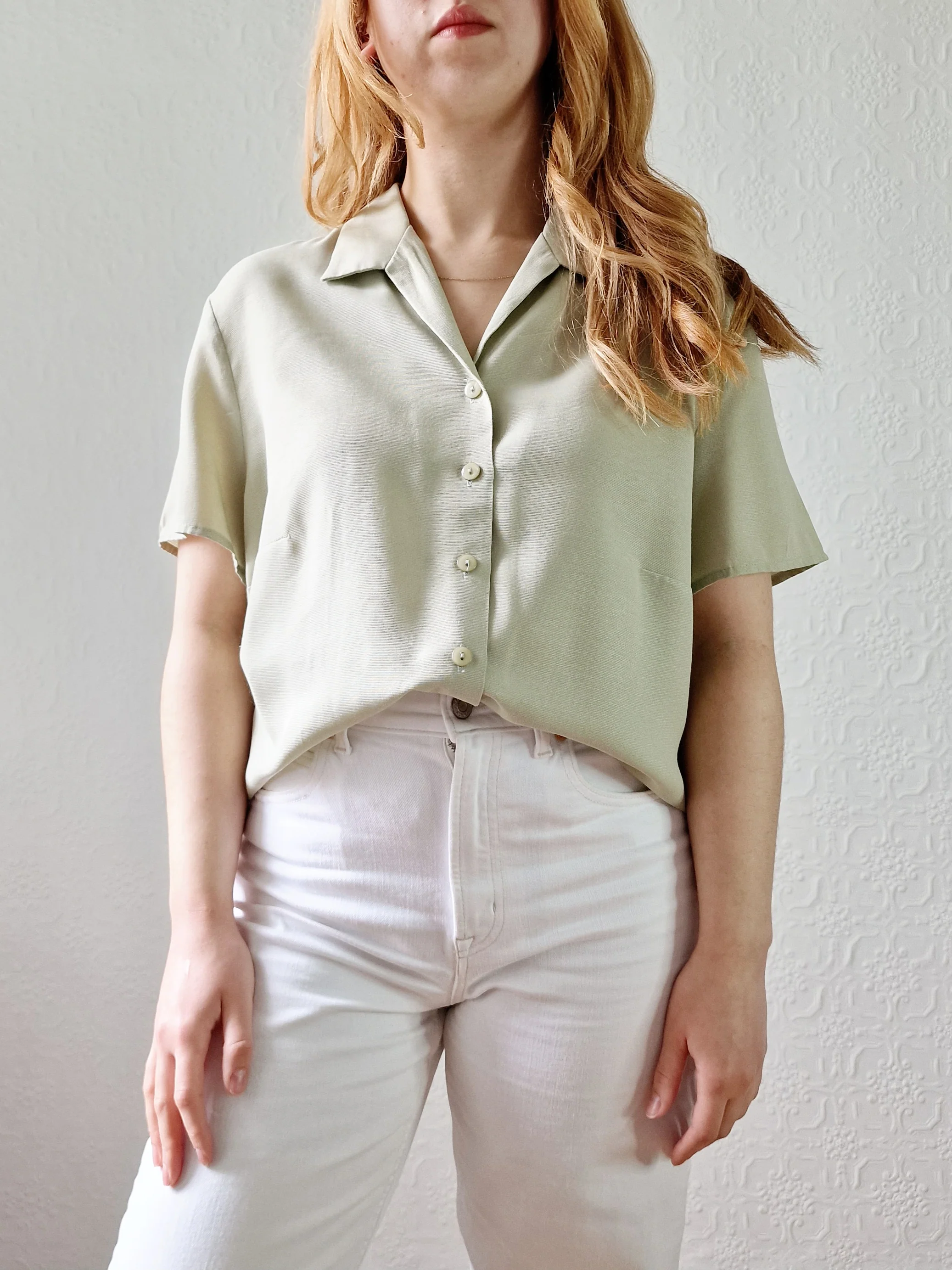 Vintage 90s Light Khaki Green Button Down Half Sleeve Blouse - M/L