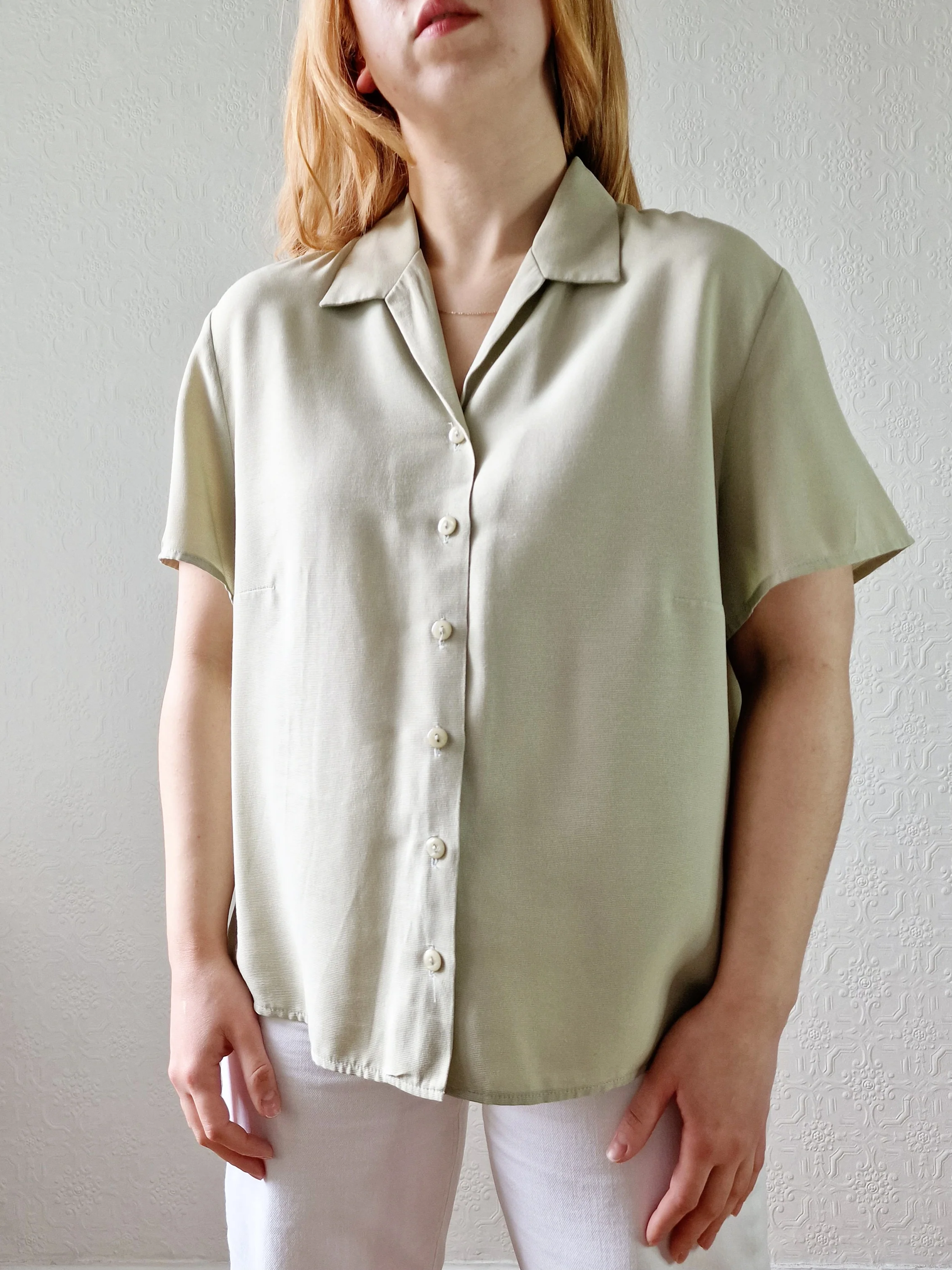 Vintage 90s Light Khaki Green Button Down Half Sleeve Blouse - M/L - Image 2