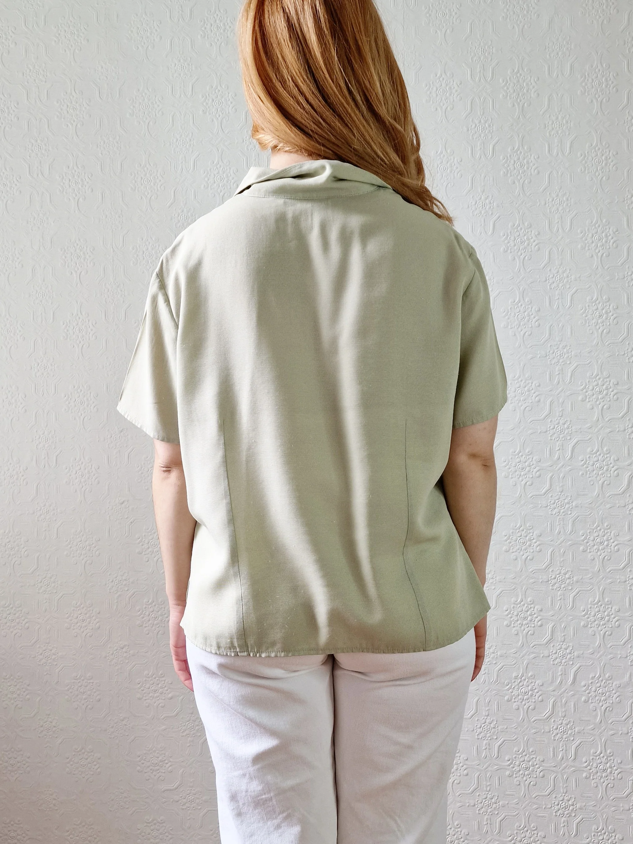 Vintage 90s Light Khaki Green Button Down Half Sleeve Blouse - M/L - Image 3