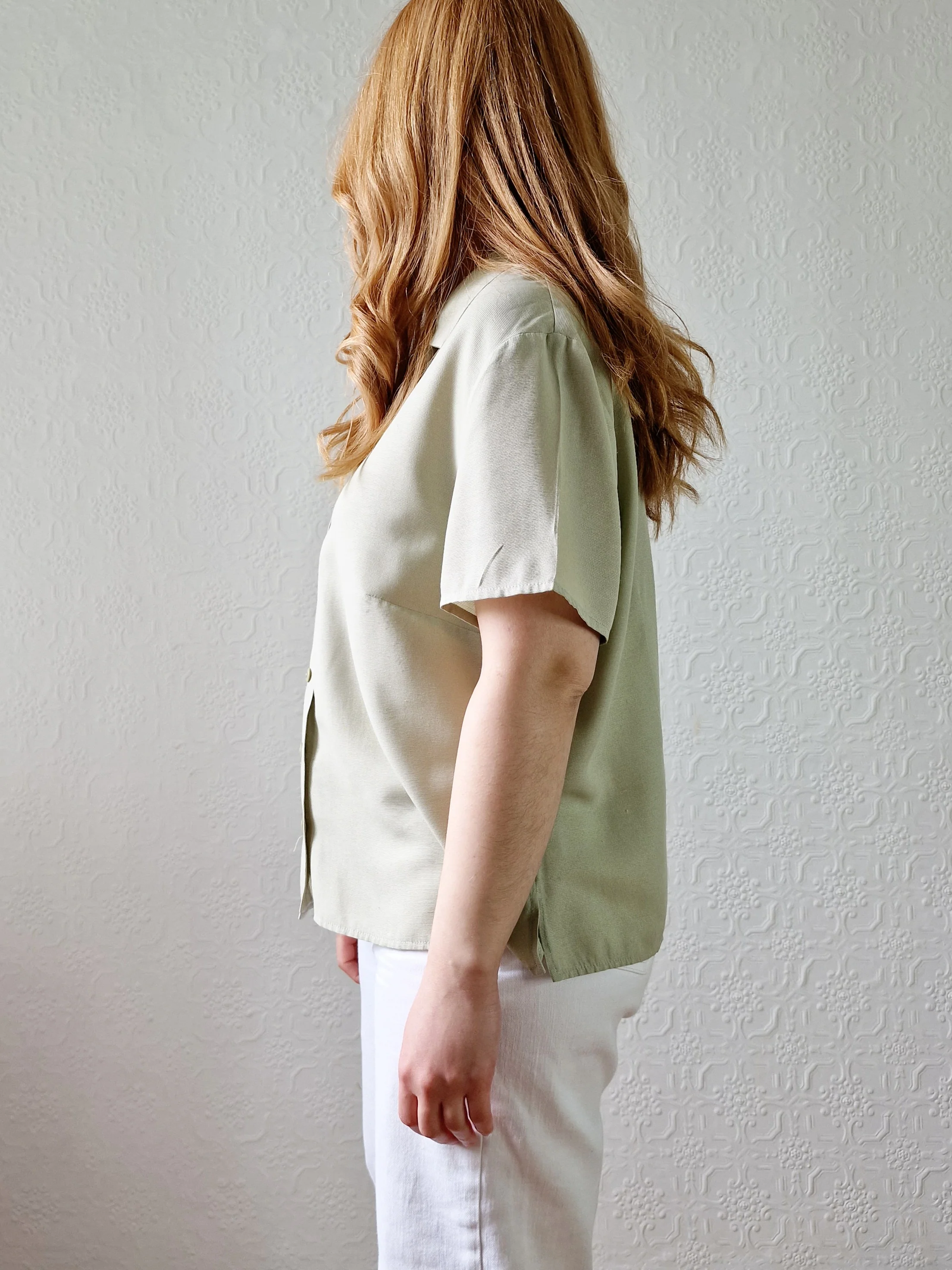 Vintage 90s Light Khaki Green Button Down Half Sleeve Blouse - M/L - Image 4