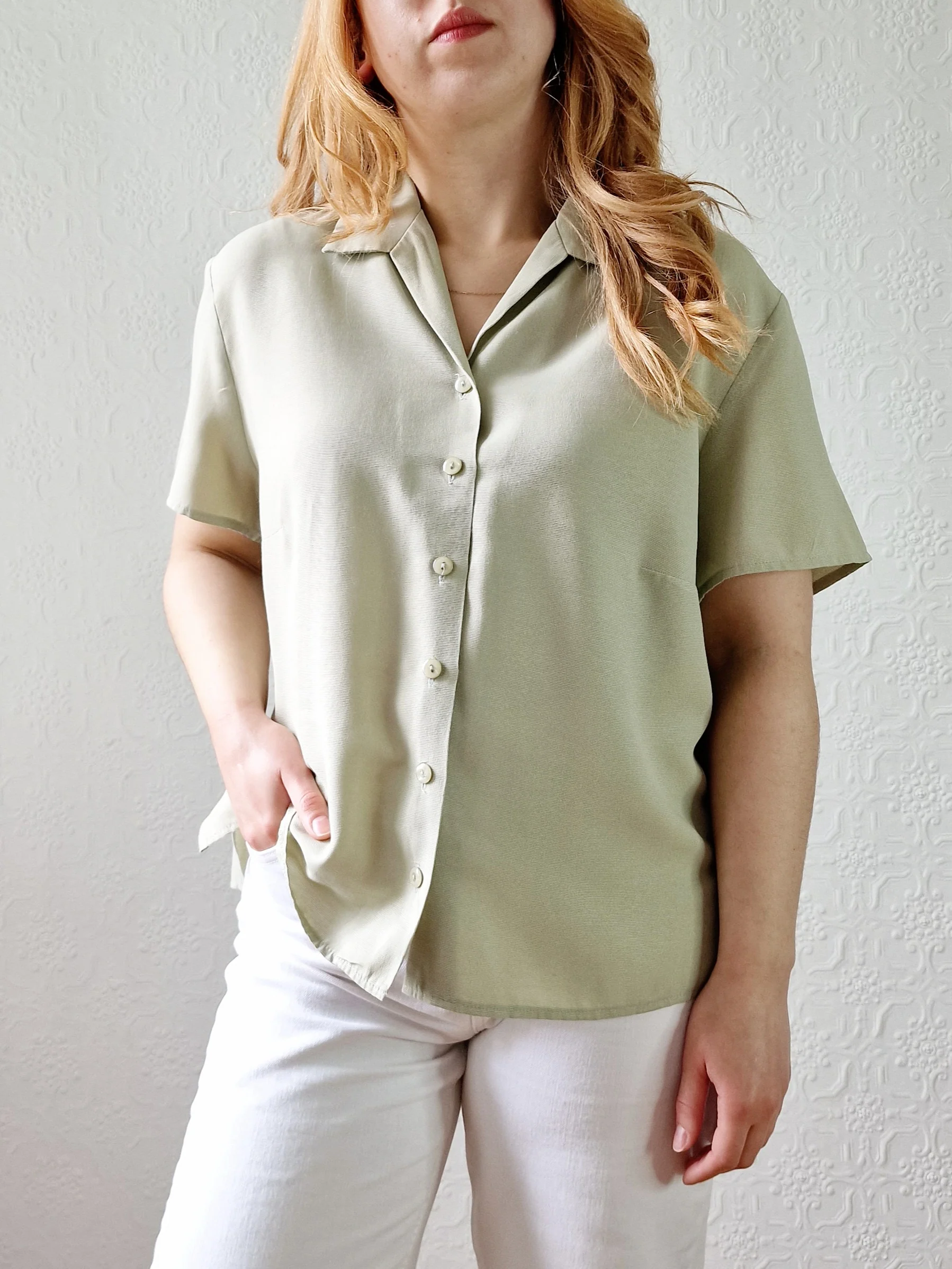 Vintage 90s Light Khaki Green Button Down Half Sleeve Blouse - M/L - Image 5