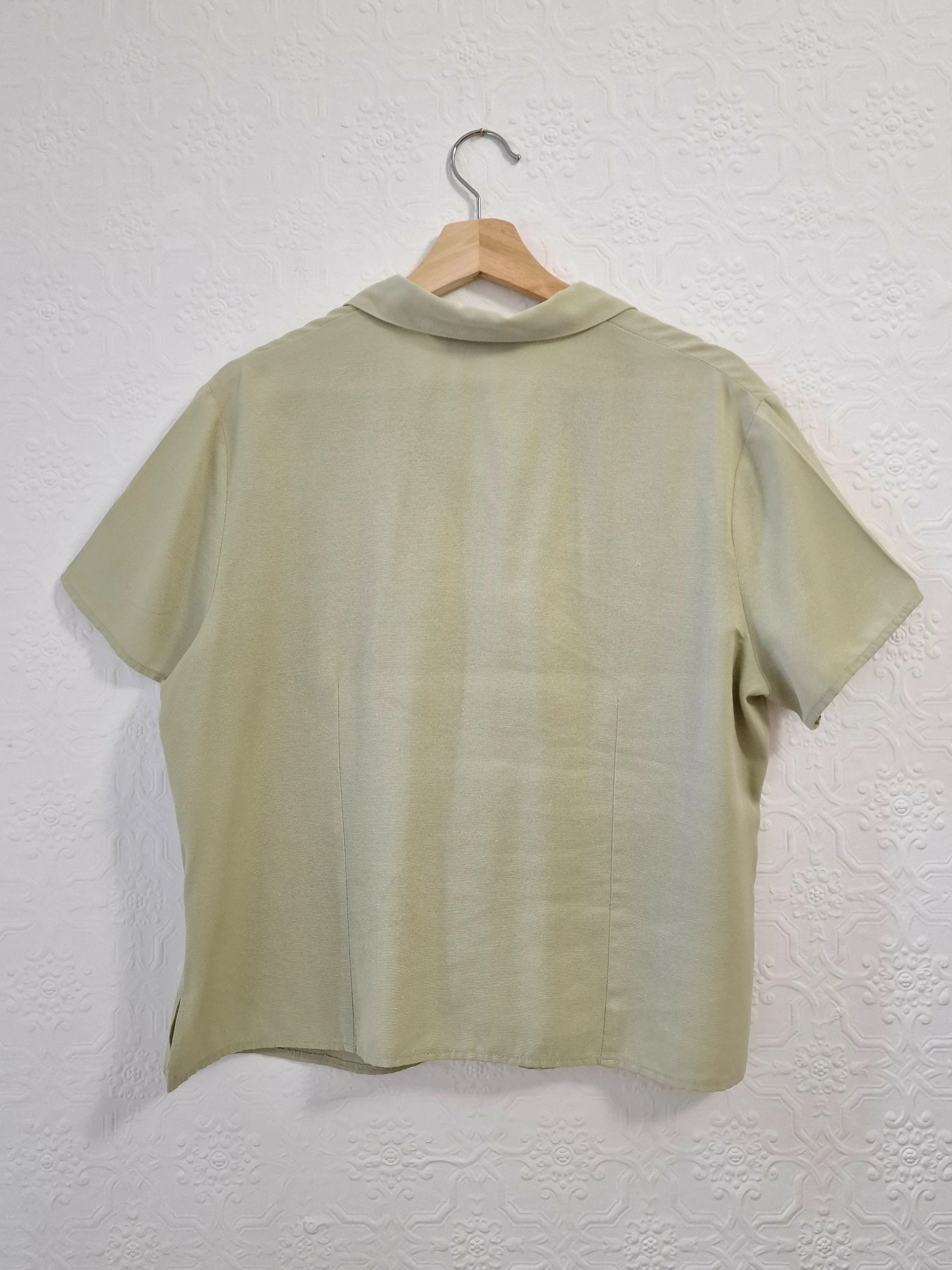 Vintage 90s Light Khaki Green Button Down Half Sleeve Blouse - M/L - Image 9