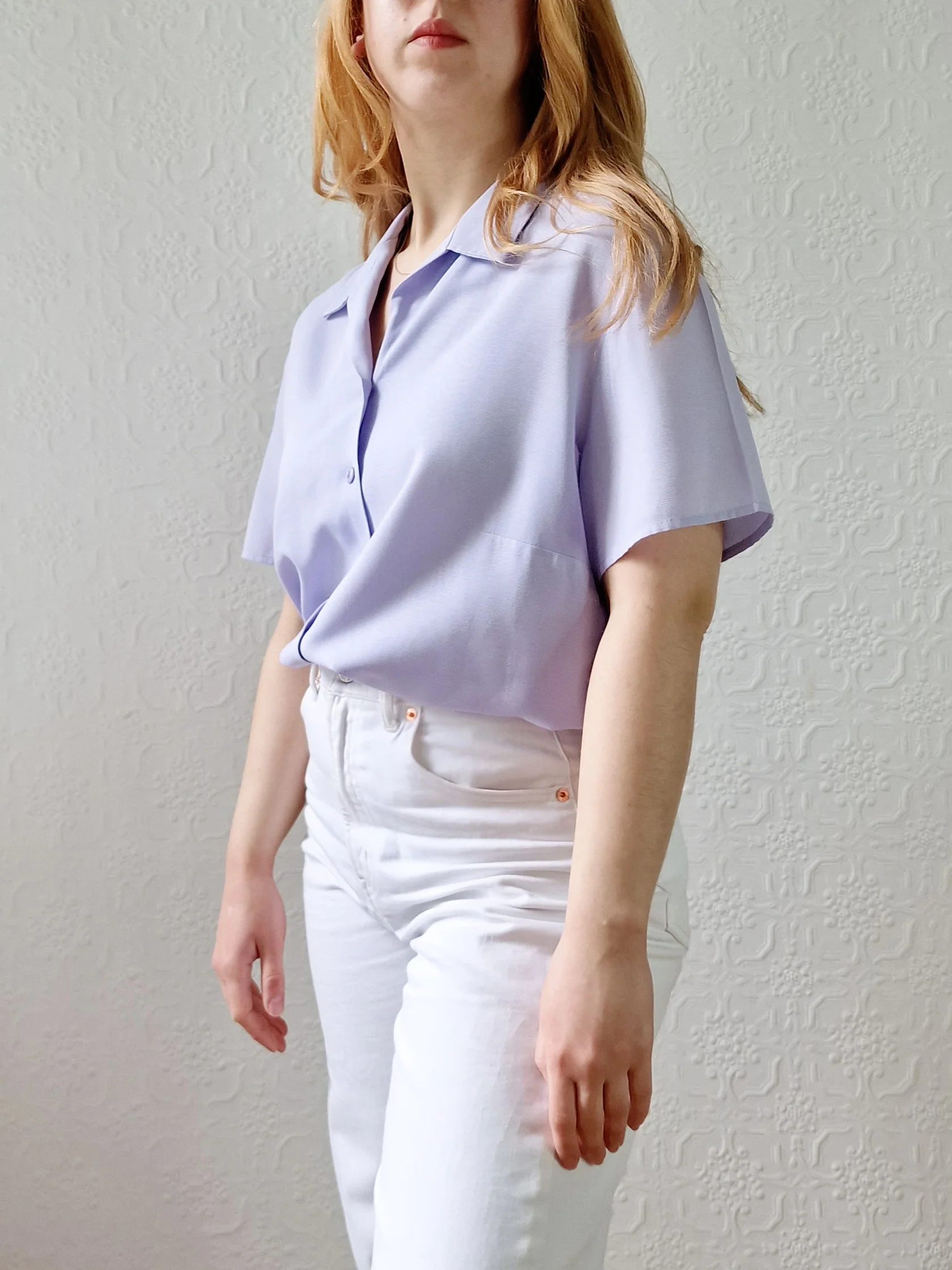 Vintage 90s Lilac Purple Button Down Half Sleeve Blouse - M/L - Image 2