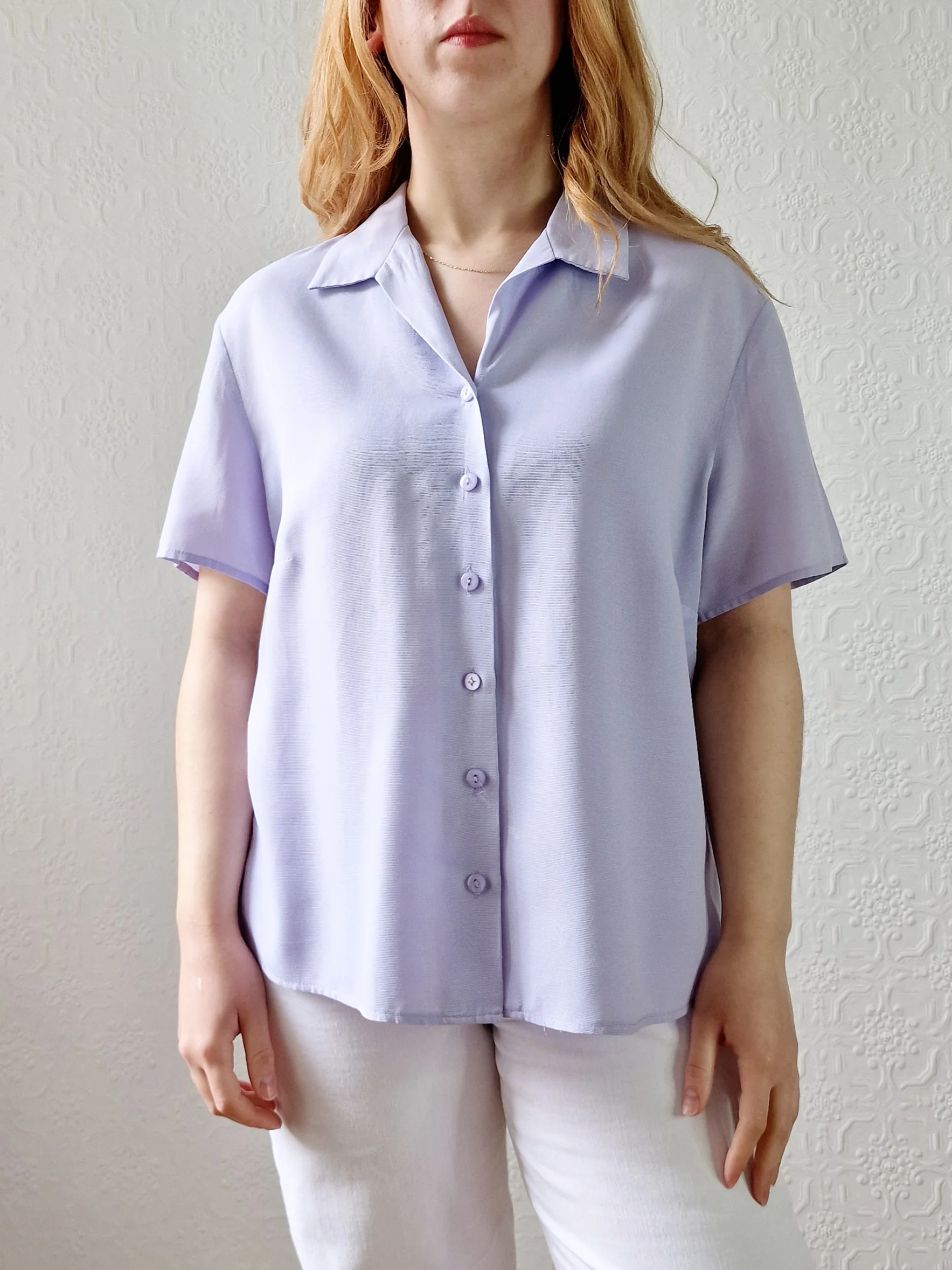 Vintage 90s Lilac Purple Button Down Half Sleeve Blouse - M/L - Image 3