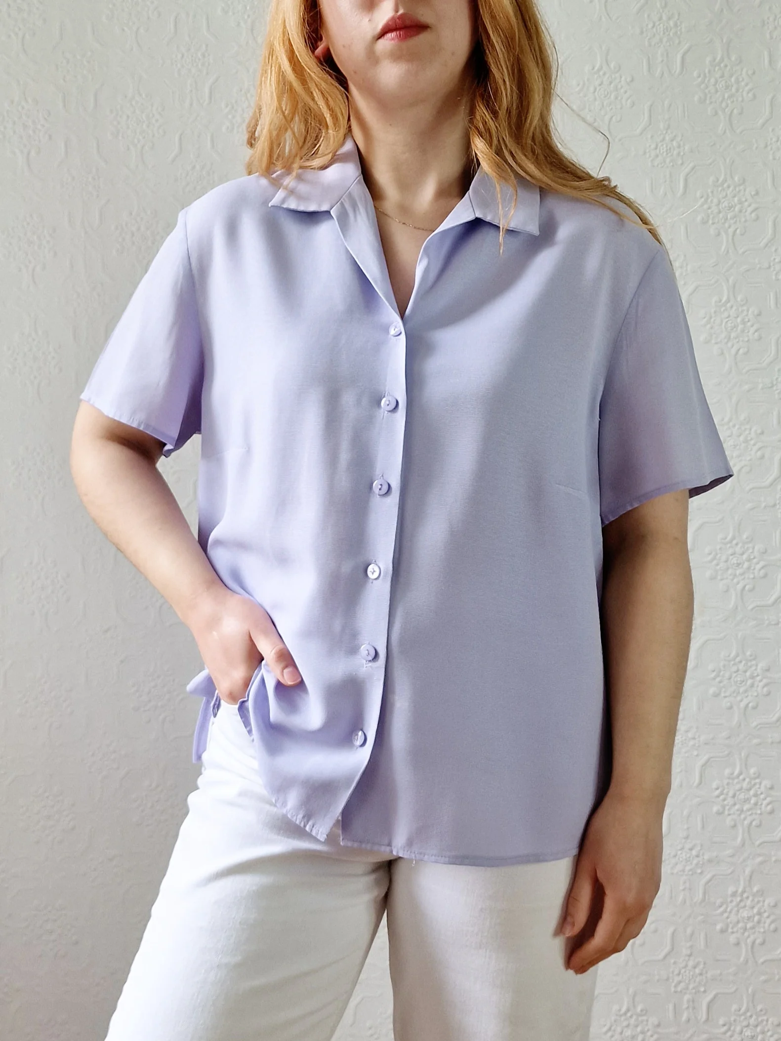 Vintage 90s Lilac Purple Button Down Half Sleeve Blouse - M/L - Image 4
