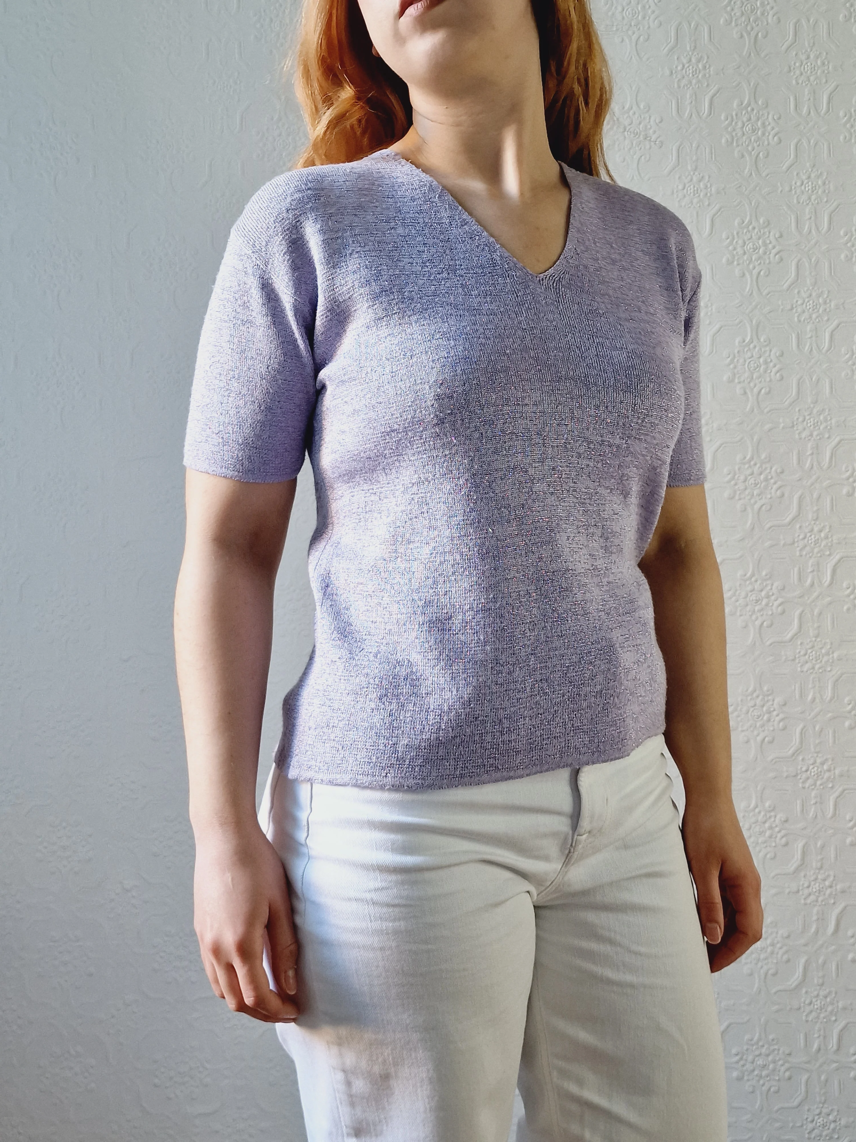 Vintage 90s Lilac Purple V-Neck Knitted Lurex Top with Short Sleeves - S/M - Image 11