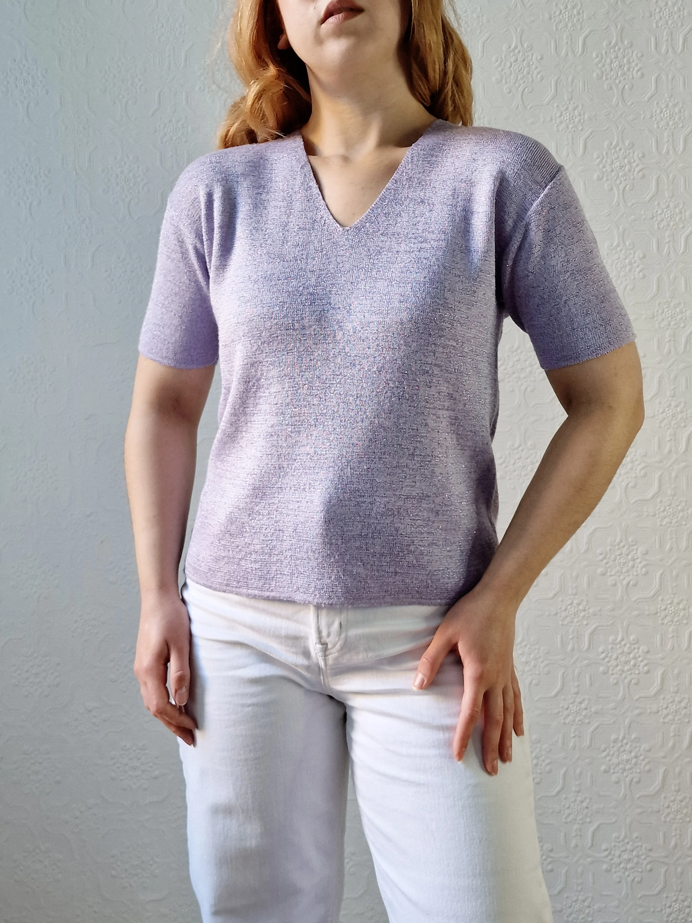 Vintage 90s Lilac Purple V-Neck Knitted Lurex Top with Short Sleeves - S/M - Image 14