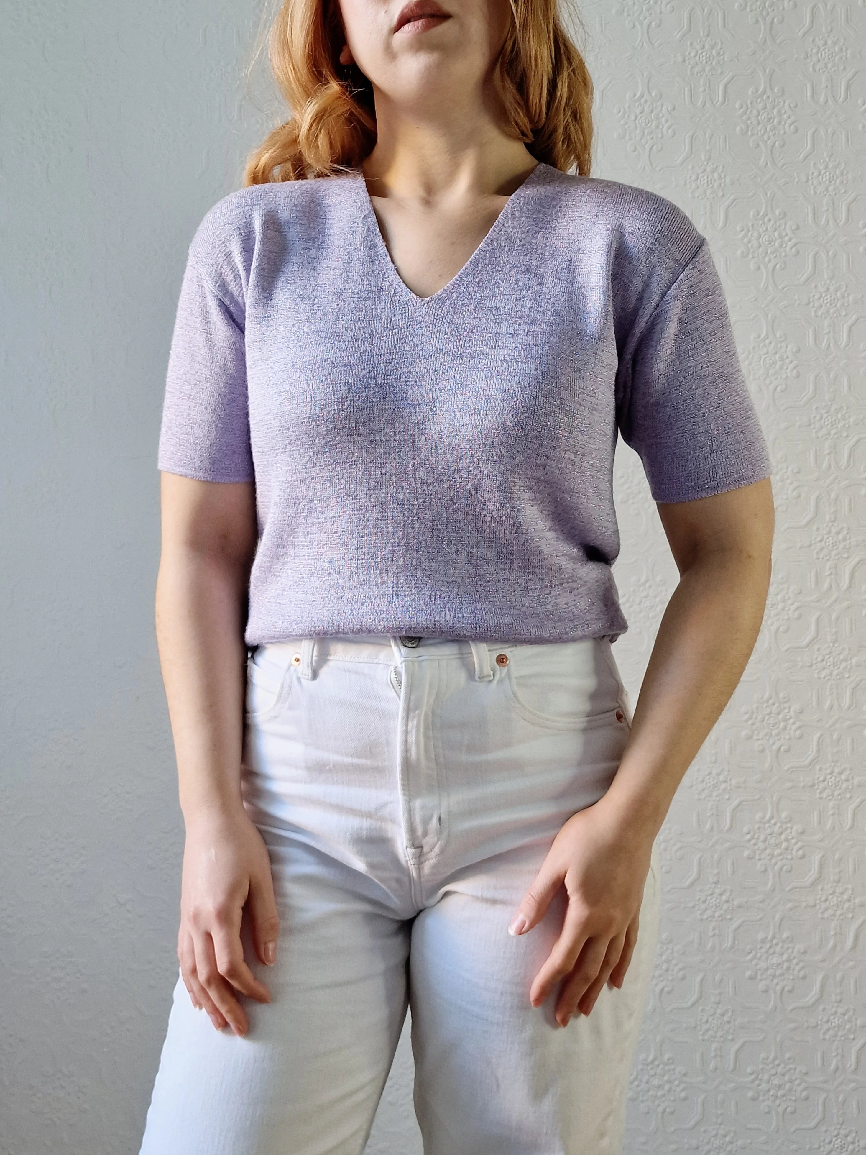 Vintage 90s Lilac Purple V-Neck Knitted Lurex Top with Short Sleeves - S/M - Image 15