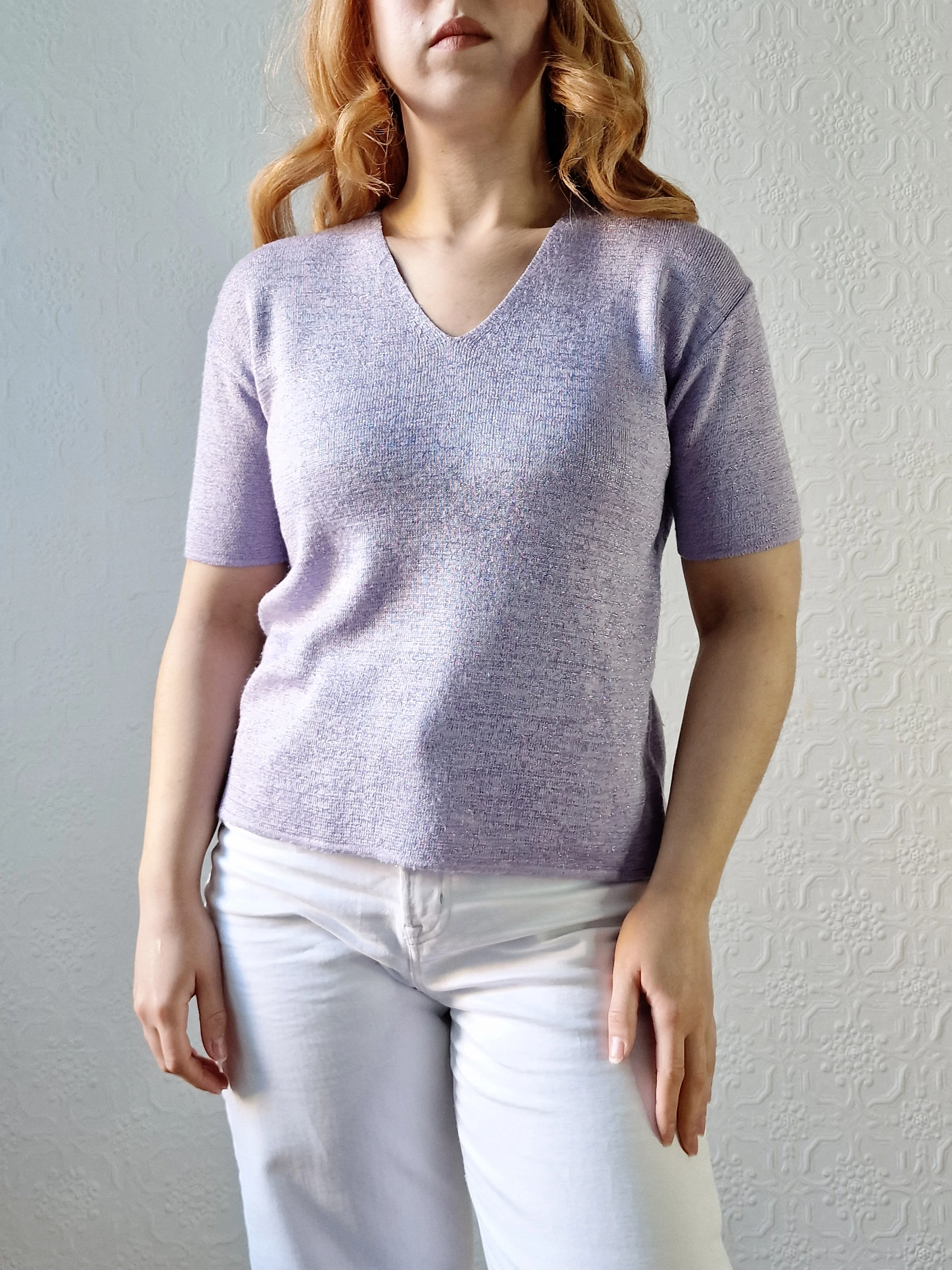 Vintage 90s Lilac Purple V-Neck Knitted Lurex Top with Short Sleeves - S/M - Image 4