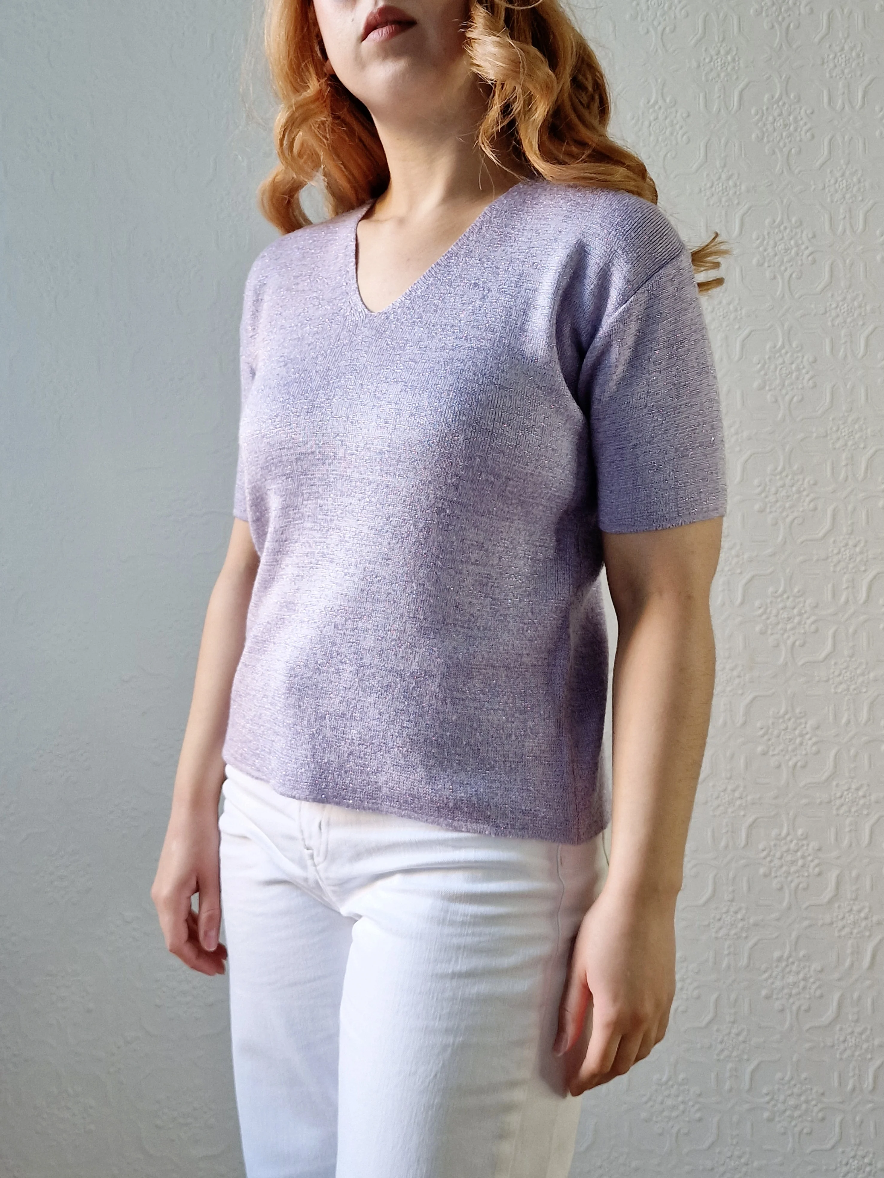 Vintage 90s Lilac Purple V-Neck Knitted Lurex Top with Short Sleeves - S/M - Image 5