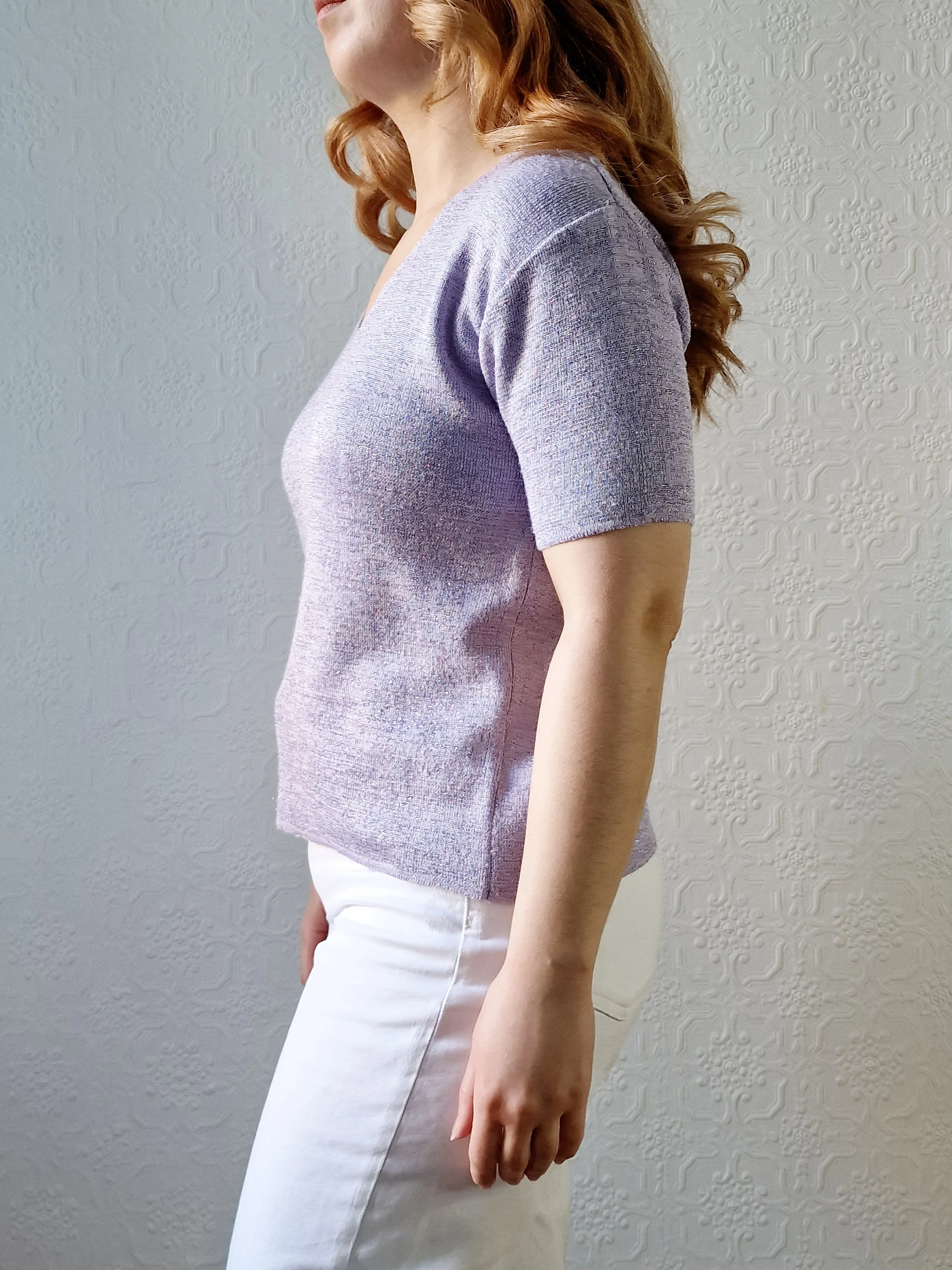 Vintage 90s Lilac Purple V-Neck Knitted Lurex Top with Short Sleeves - S/M - Image 7