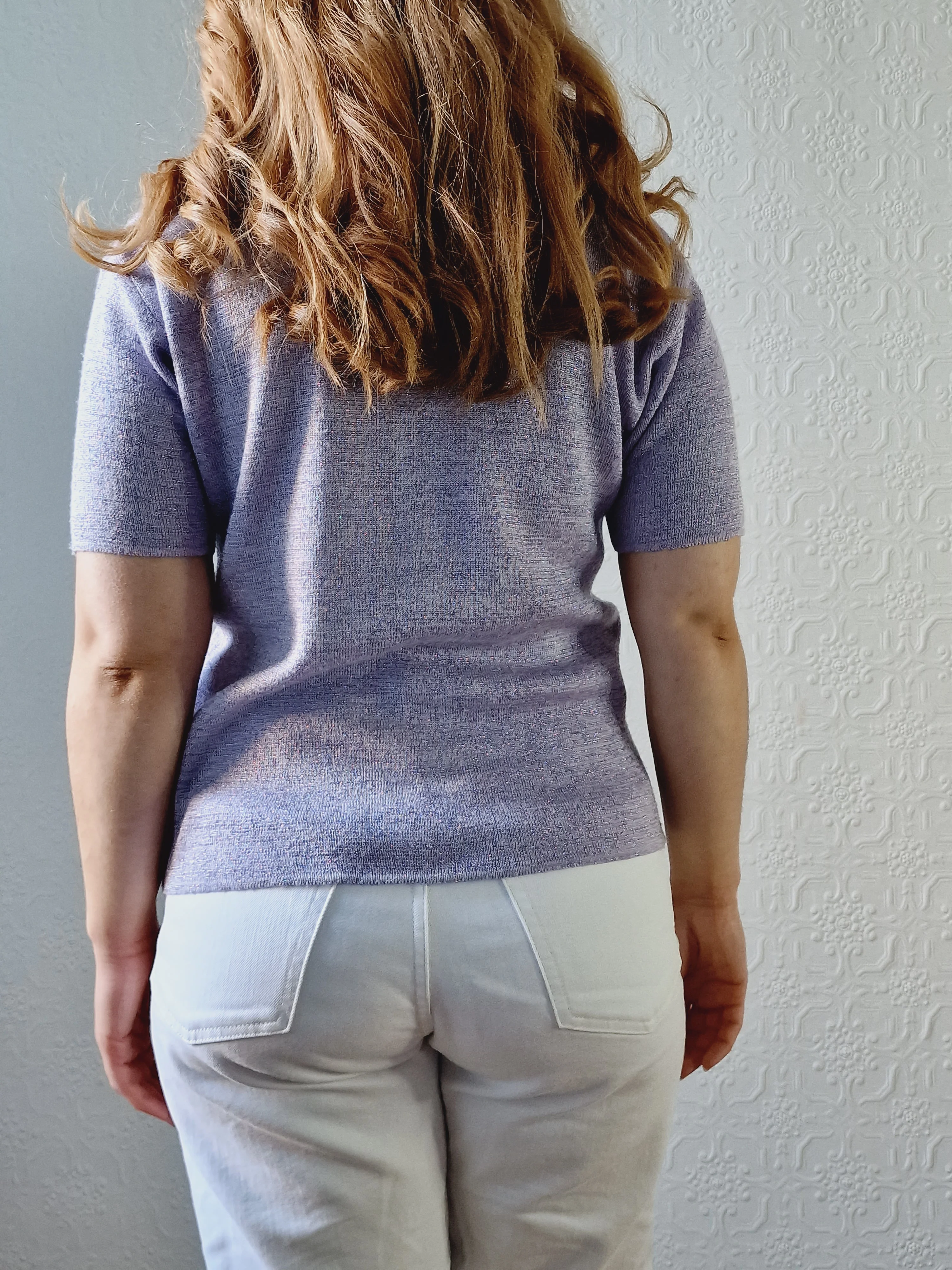 Vintage 90s Lilac Purple V-Neck Knitted Lurex Top with Short Sleeves - S/M - Image 9