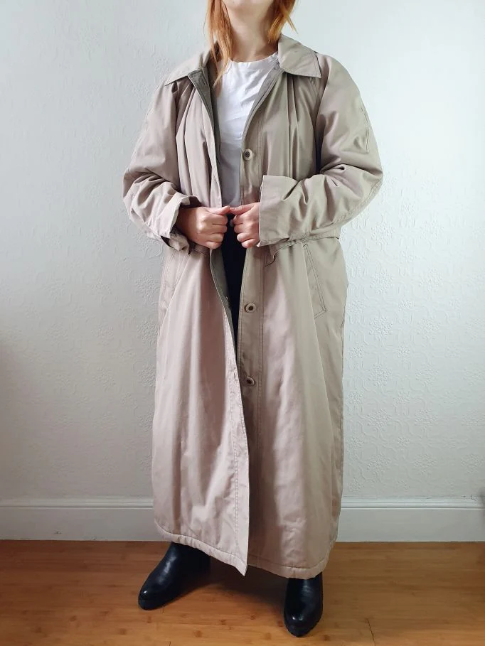 Vintage 90s Long Puffer Beige Jacket with Detachable Hood - M/L