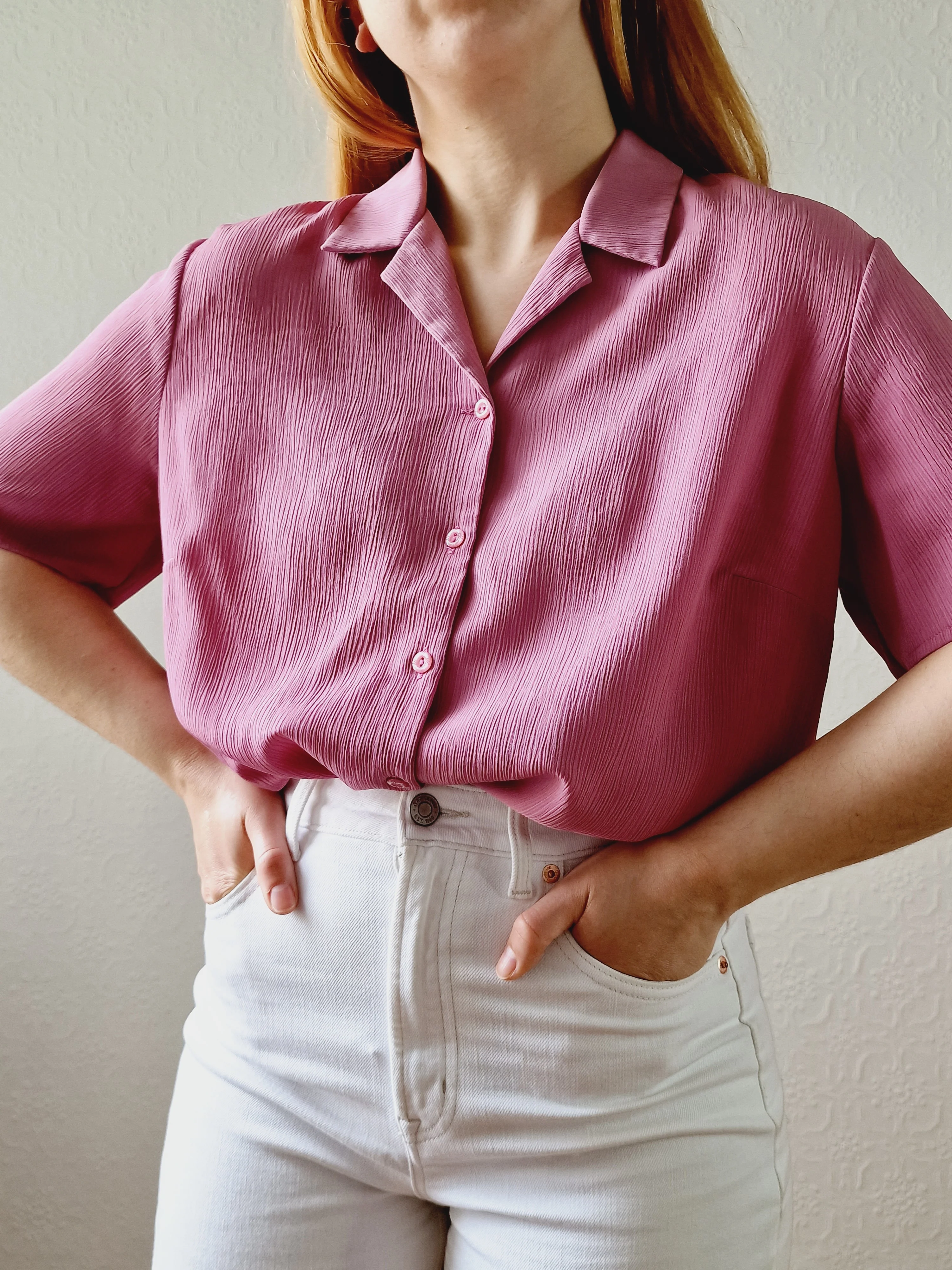 Vintage 90s Mauve Purple Button Down Half Sleeve Blouse - M/L - Image 2