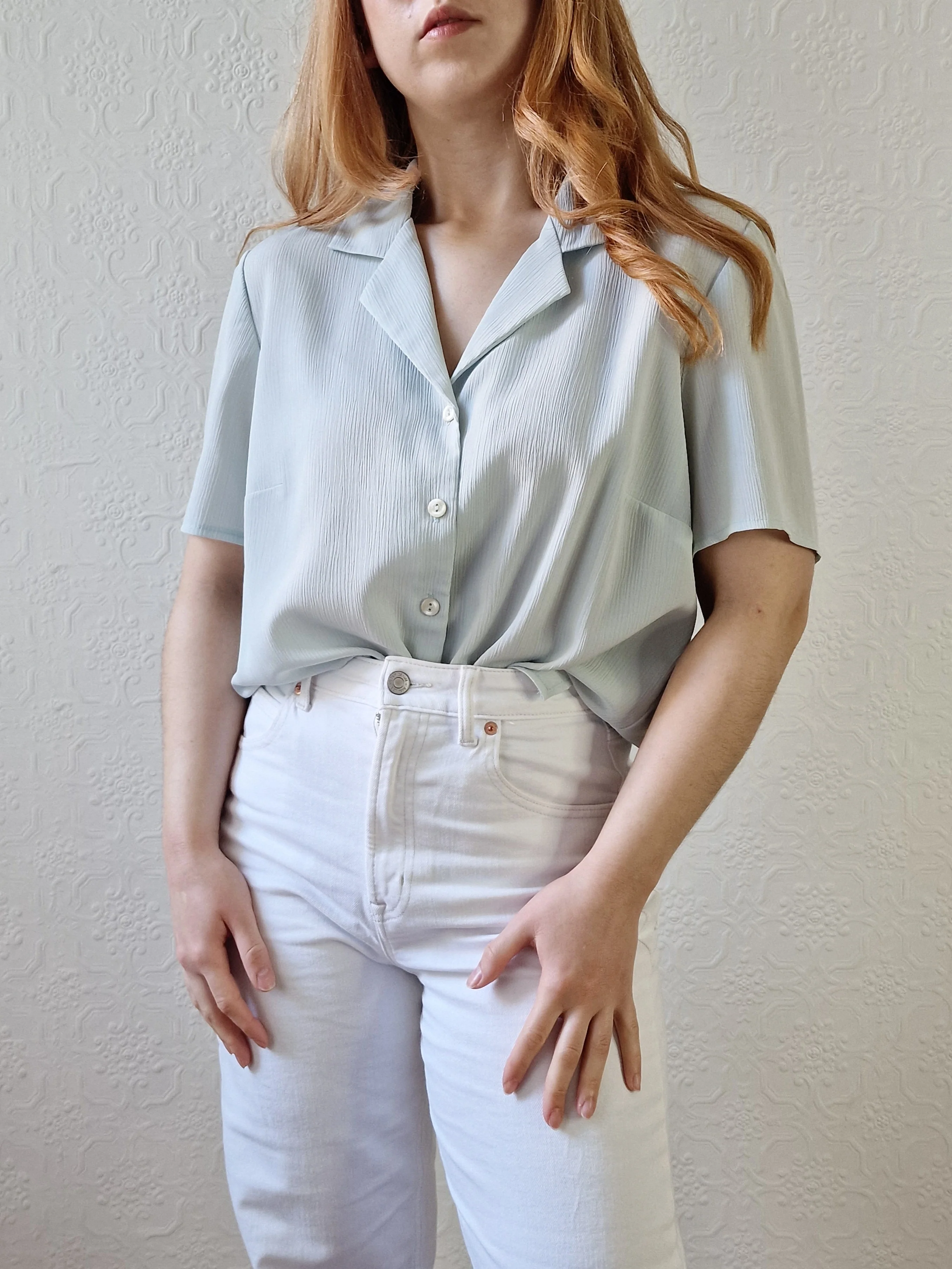 Vintage 90s Mint Green Button Down Half Sleeve Blouse - M/L - Image 2