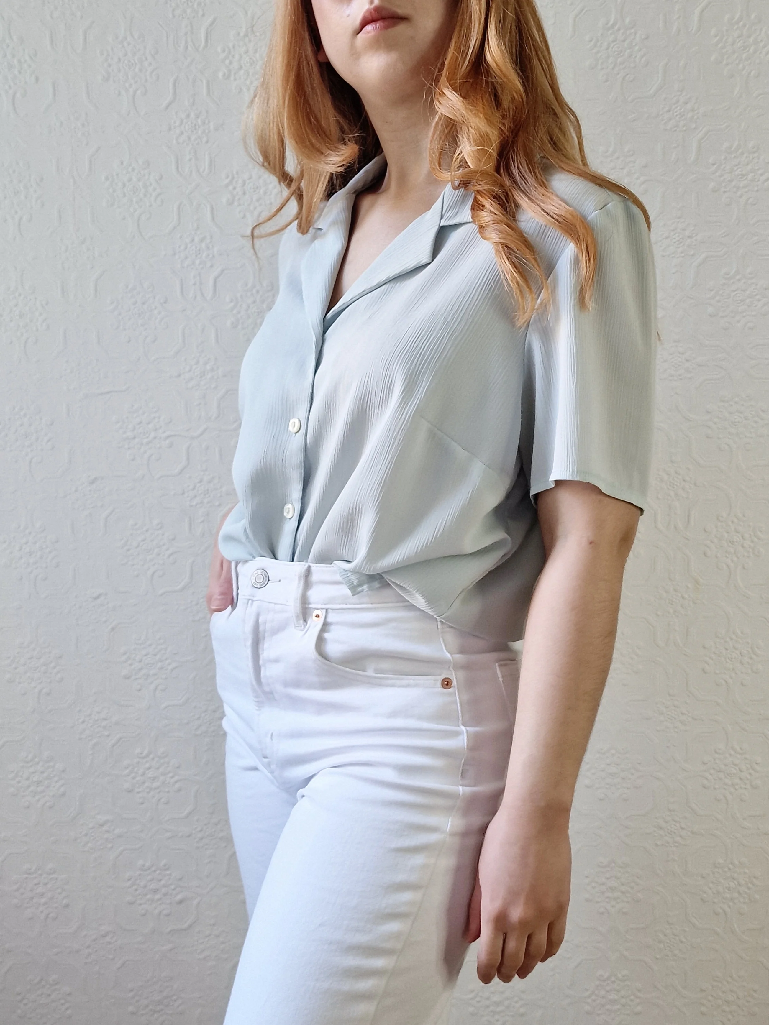 Vintage 90s Mint Green Button Down Half Sleeve Blouse - M/L - Image 3