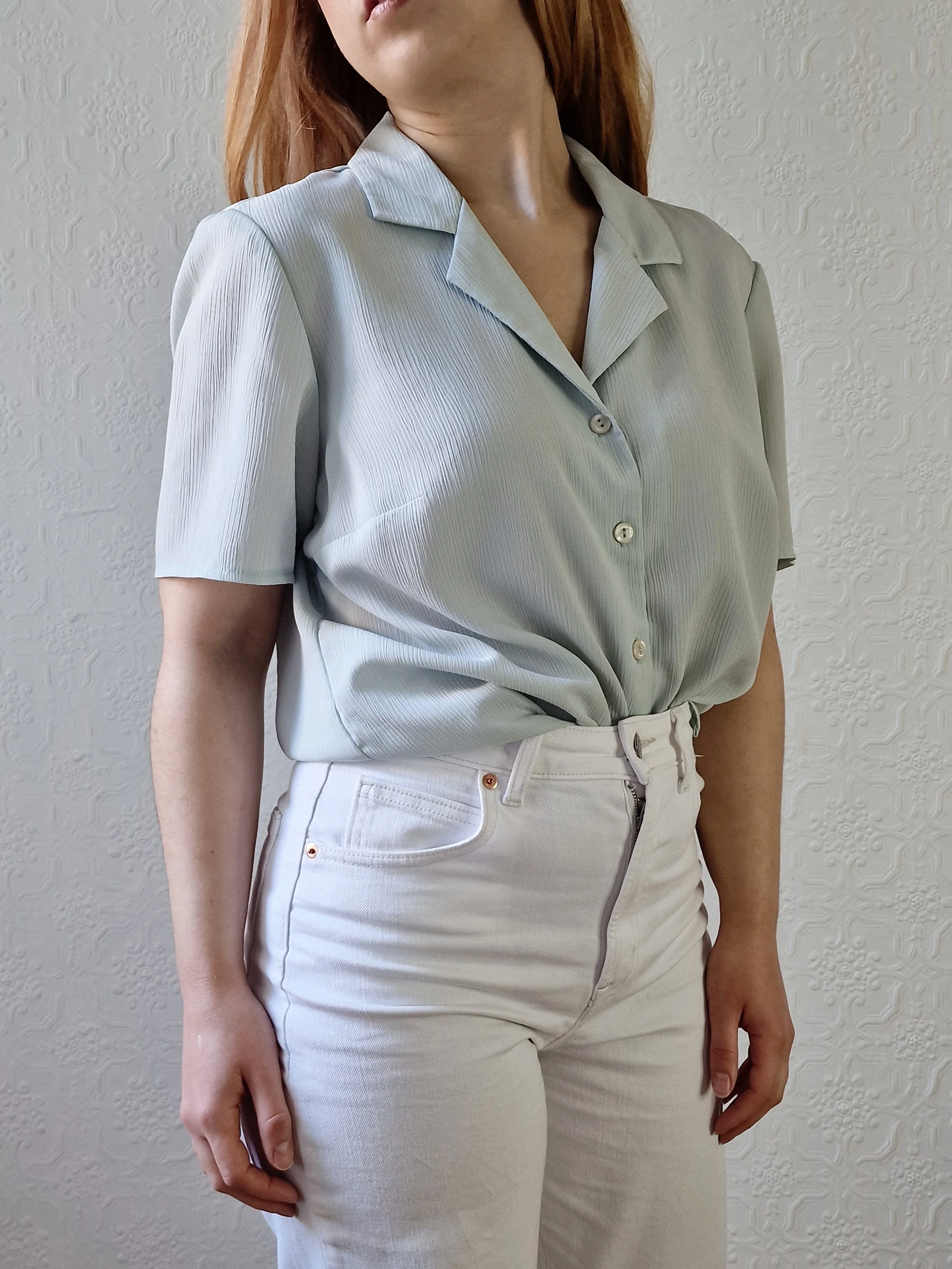 Vintage 90s Mint Green Button Down Half Sleeve Blouse - M/L - Image 4