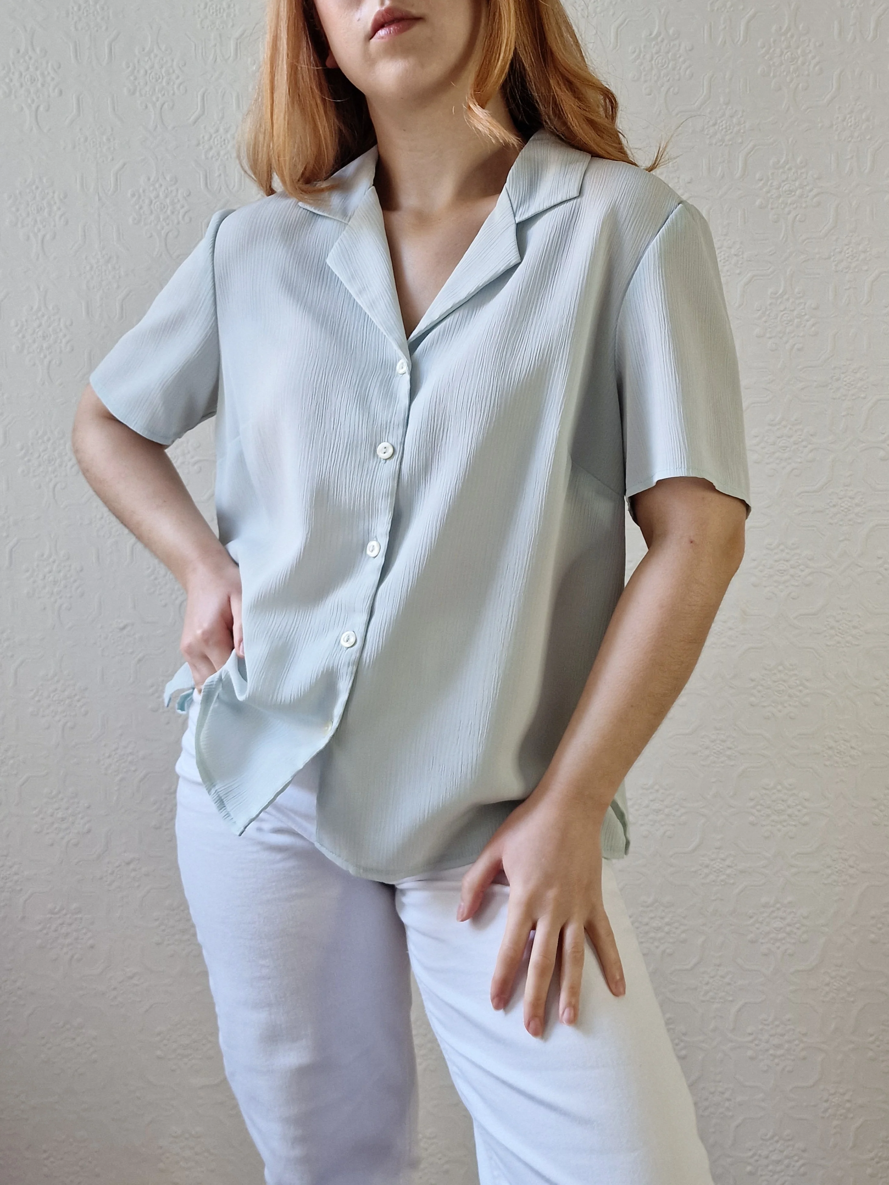 Vintage 90s Mint Green Button Down Half Sleeve Blouse - M/L - Image 6
