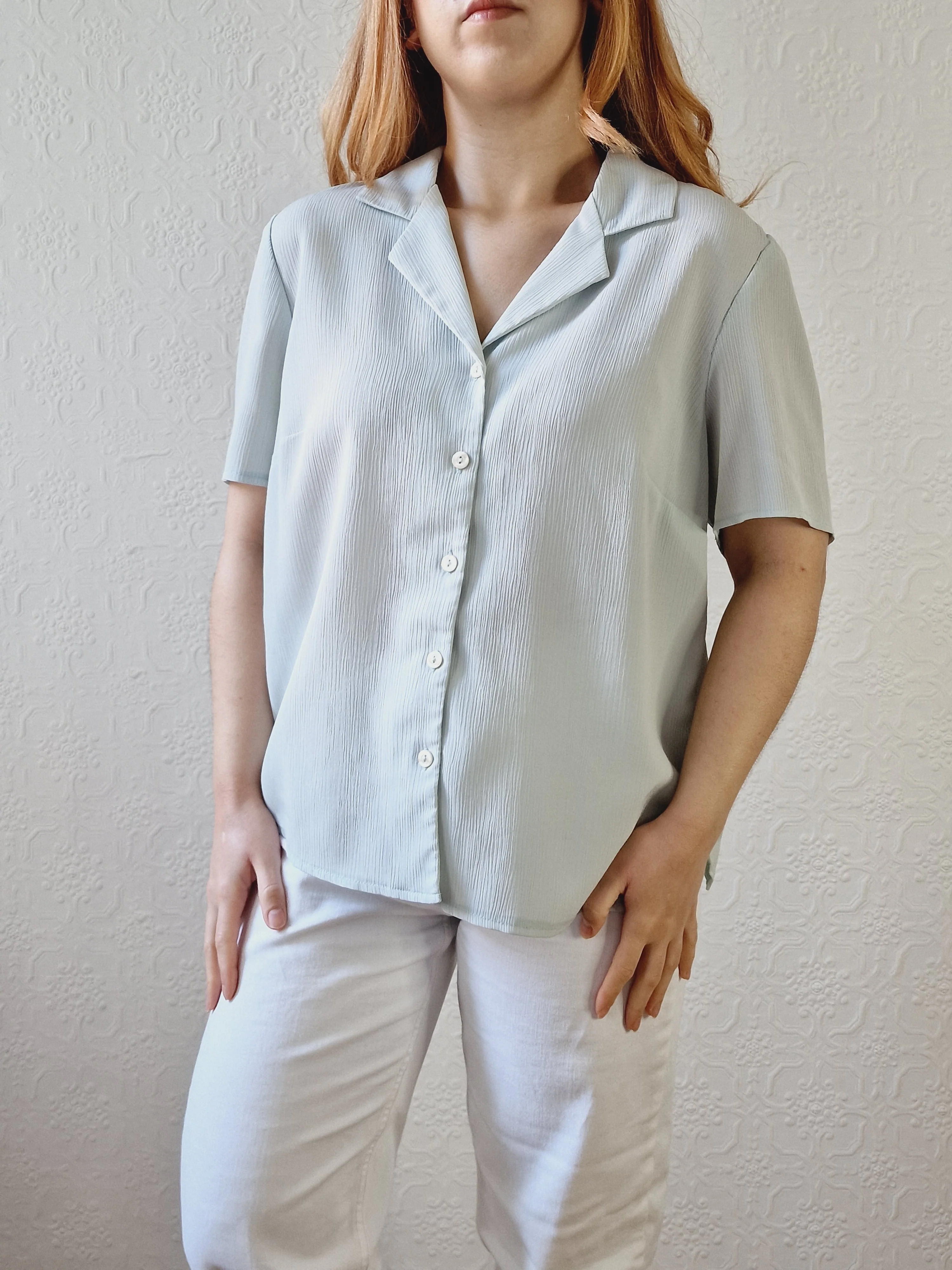 Vintage 90s Mint Green Button Down Half Sleeve Blouse - M/L - Image 7