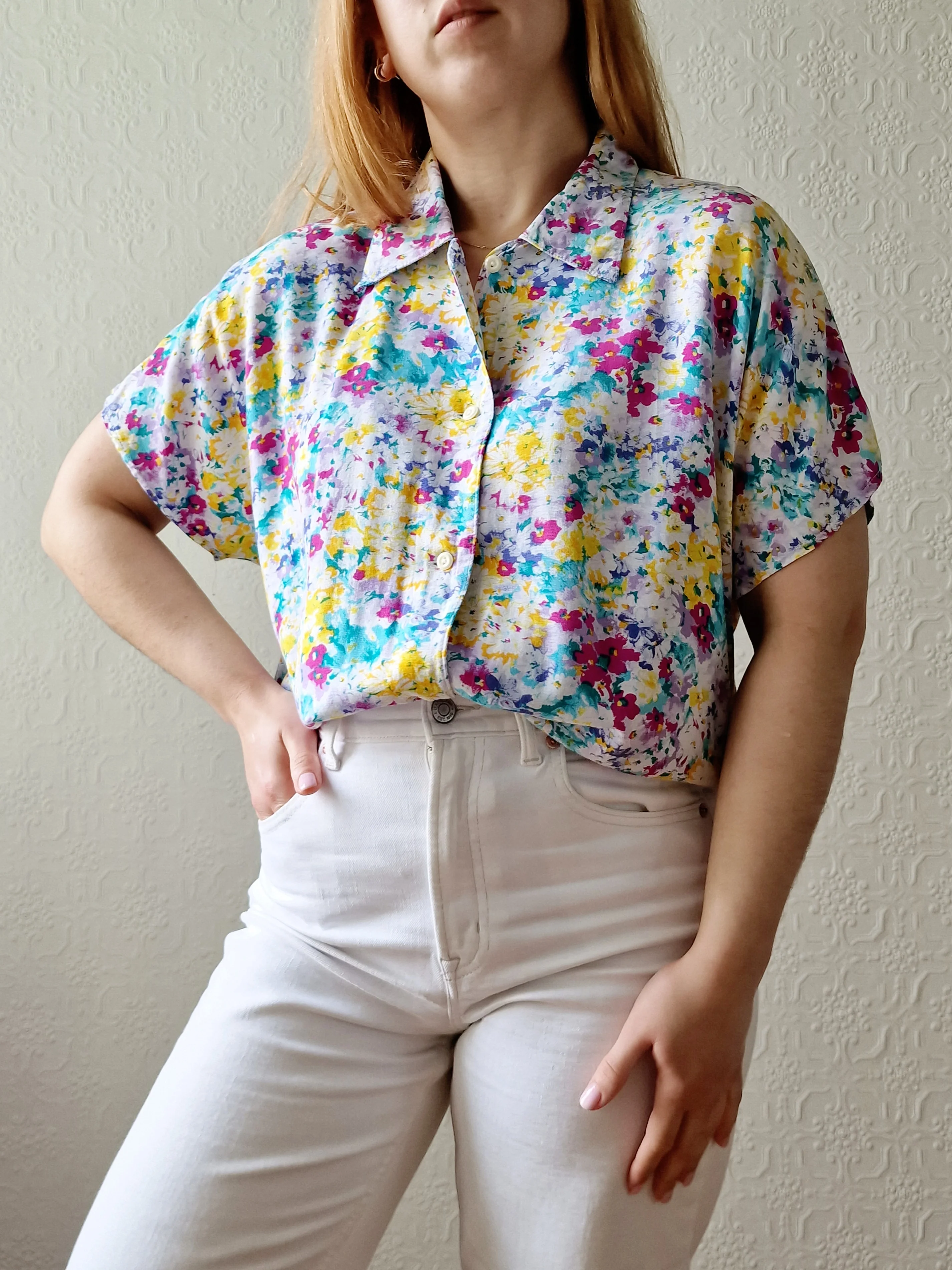 Vintage 90s Multicoloured Floral Pattern Short Sleeve Blouse - M