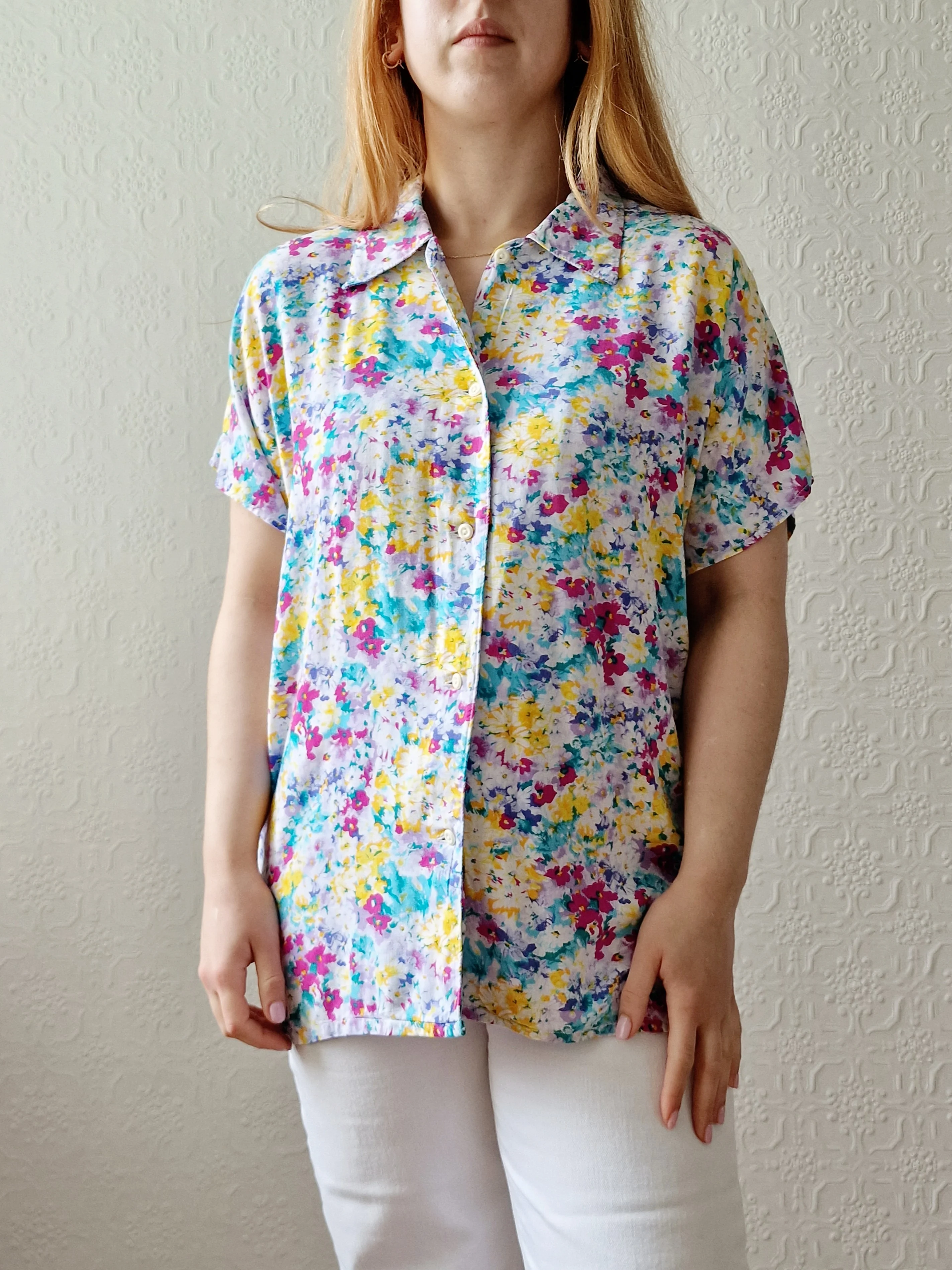 Vintage 90s Multicoloured Floral Pattern Short Sleeve Blouse - M - Image 2