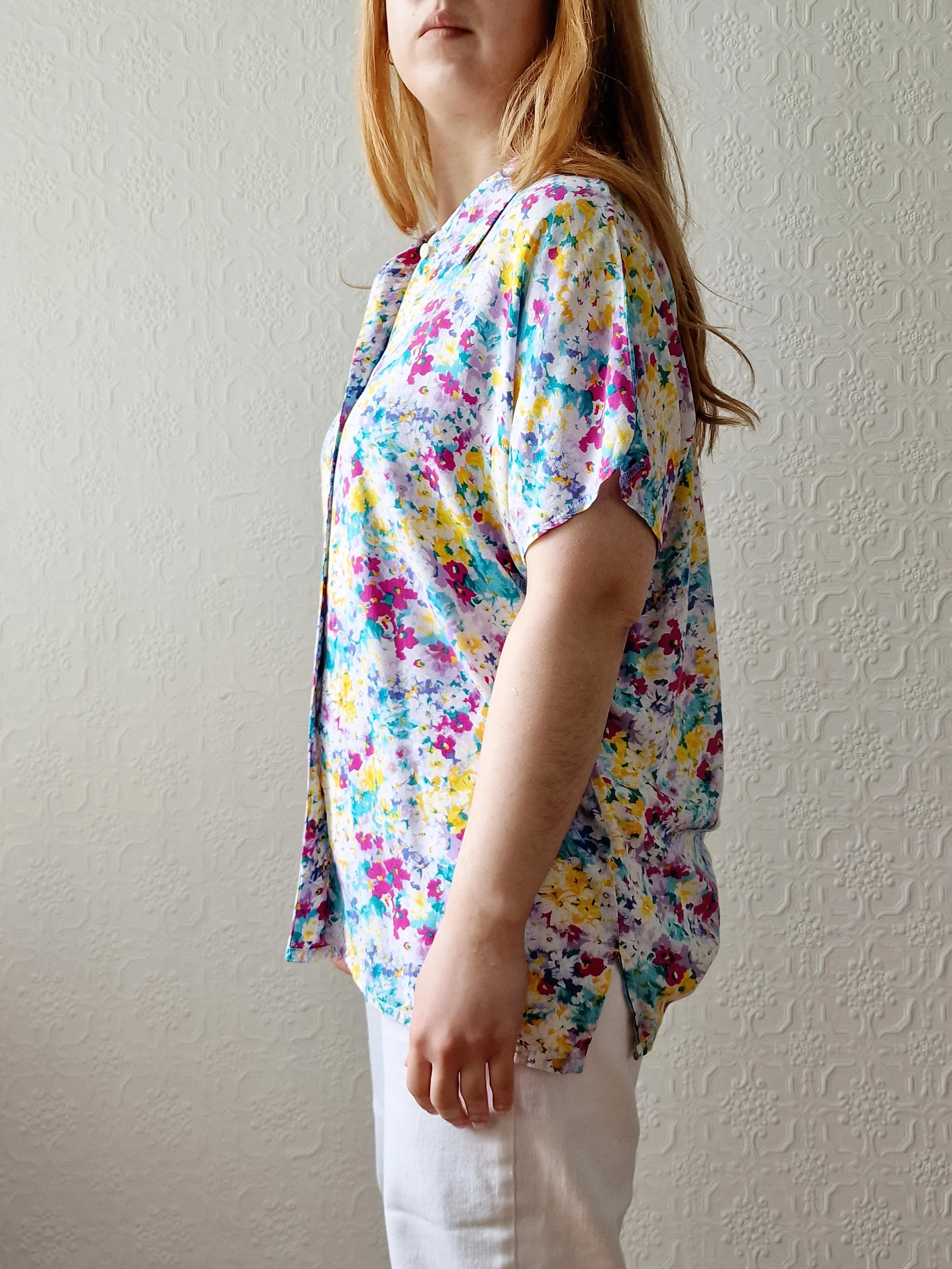Vintage 90s Multicoloured Floral Pattern Short Sleeve Blouse - M - Image 3