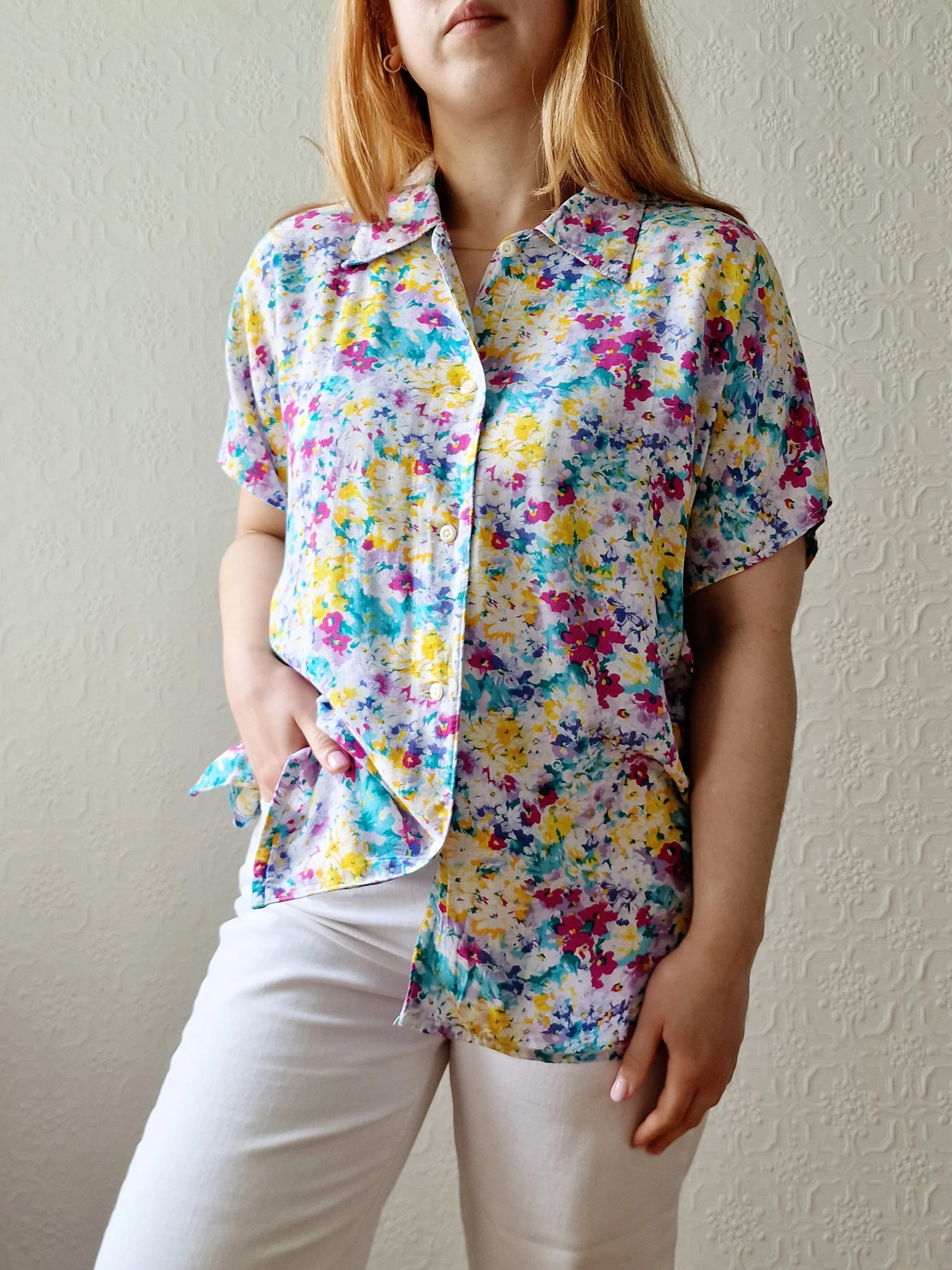 Vintage 90s Multicoloured Floral Pattern Short Sleeve Blouse - M - Image 4