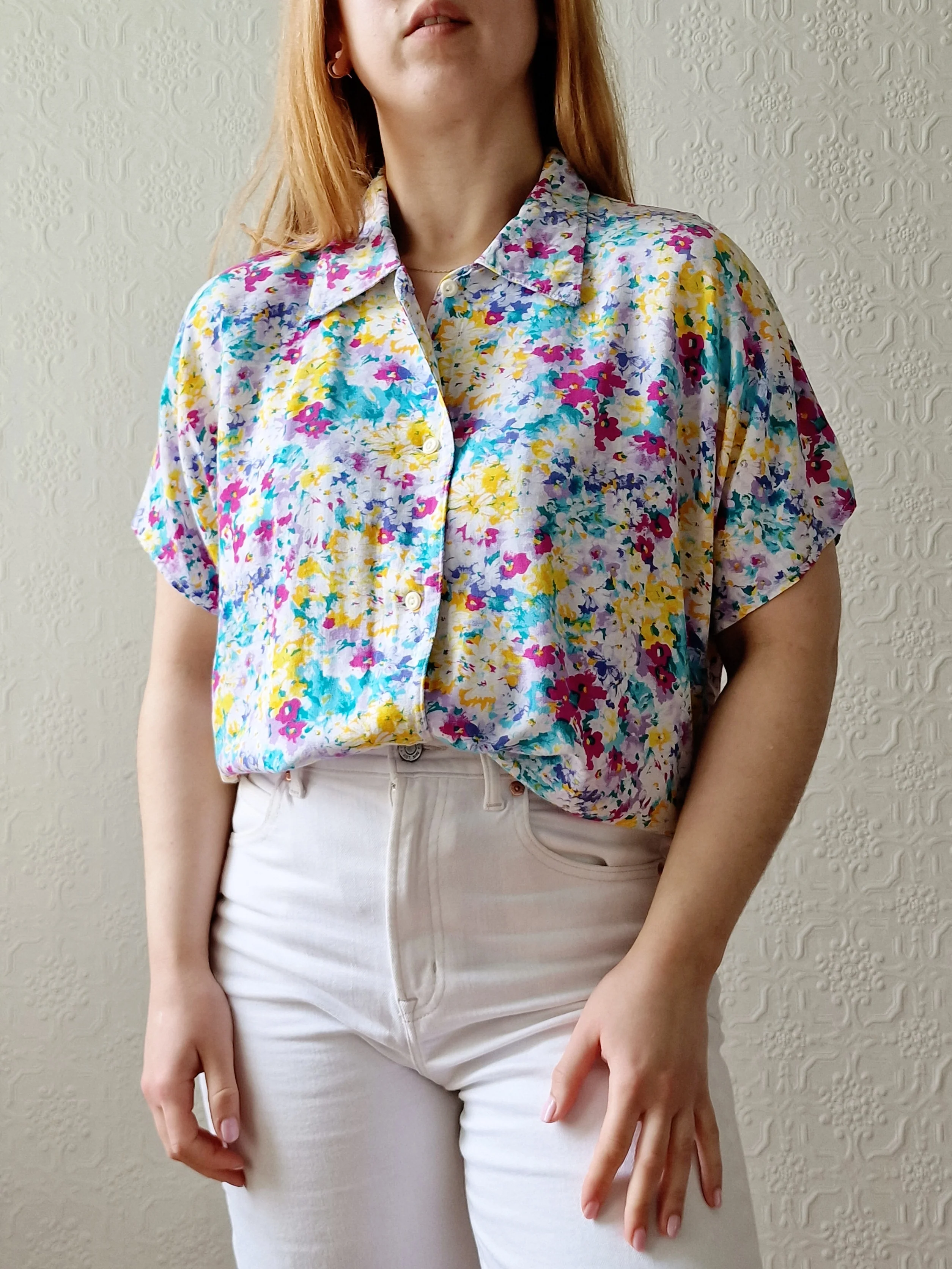 Vintage 90s Multicoloured Floral Pattern Short Sleeve Blouse - M - Image 5